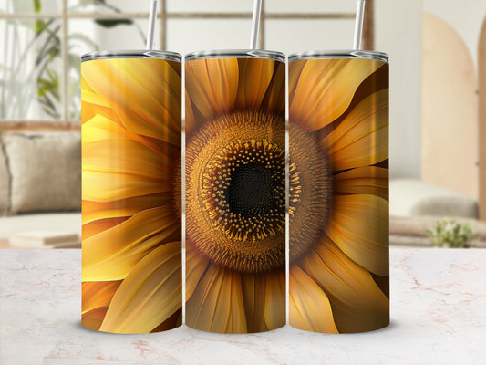 Three tumblers featuring a close-up, detailed sunflower design.