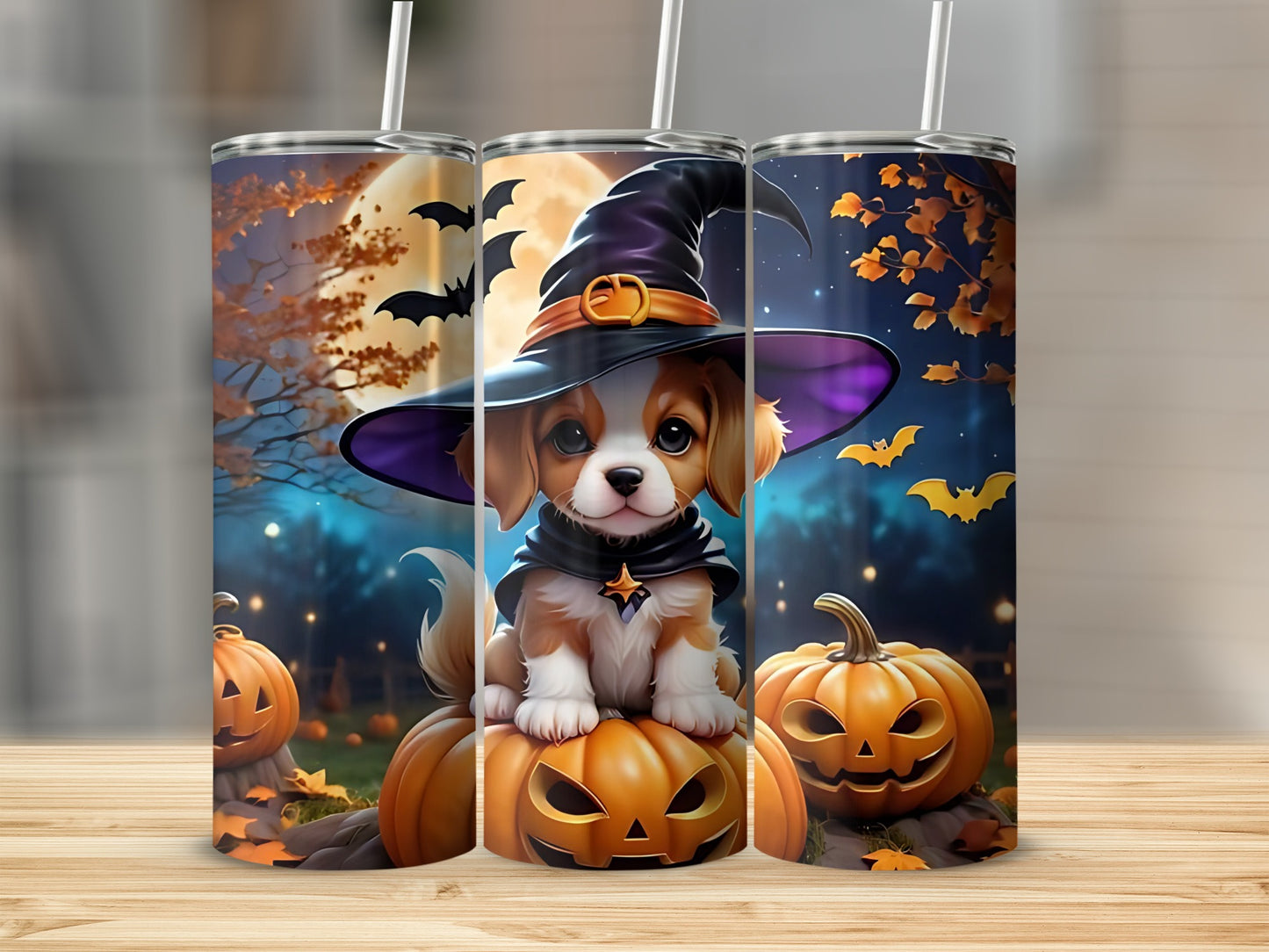 Halloween tumbler with cute dog in witch hat on pumpkin.