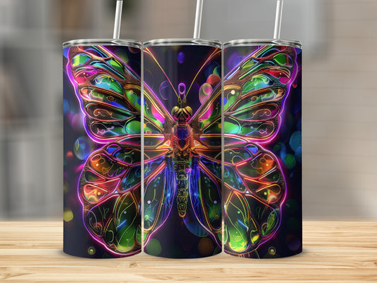 Three tumblers with a colorful, stained-glass butterfly design.