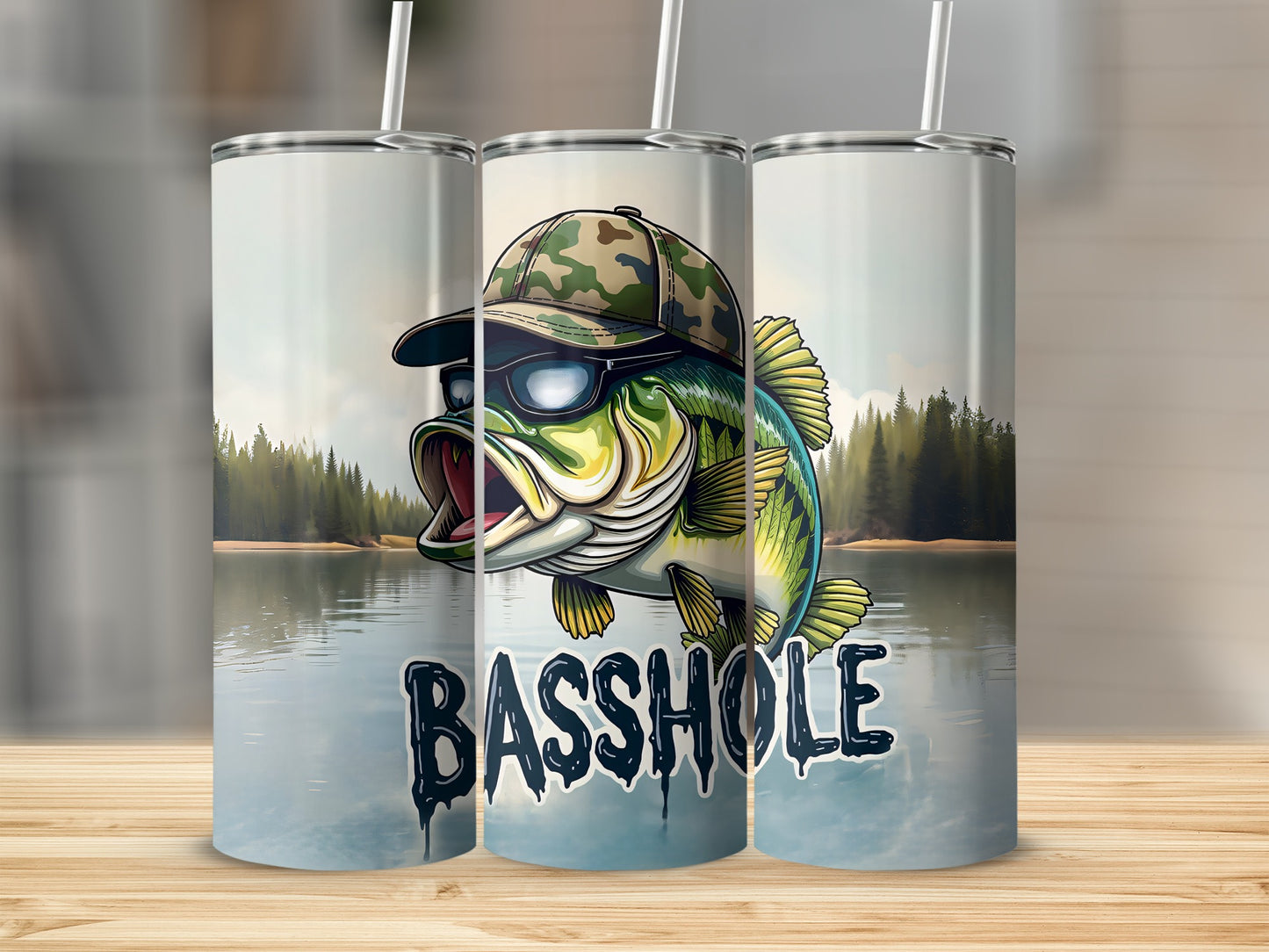 Bass fishing tumbler with cartoon bass wearing sunglasses and hat, "BASS HOLE" text.