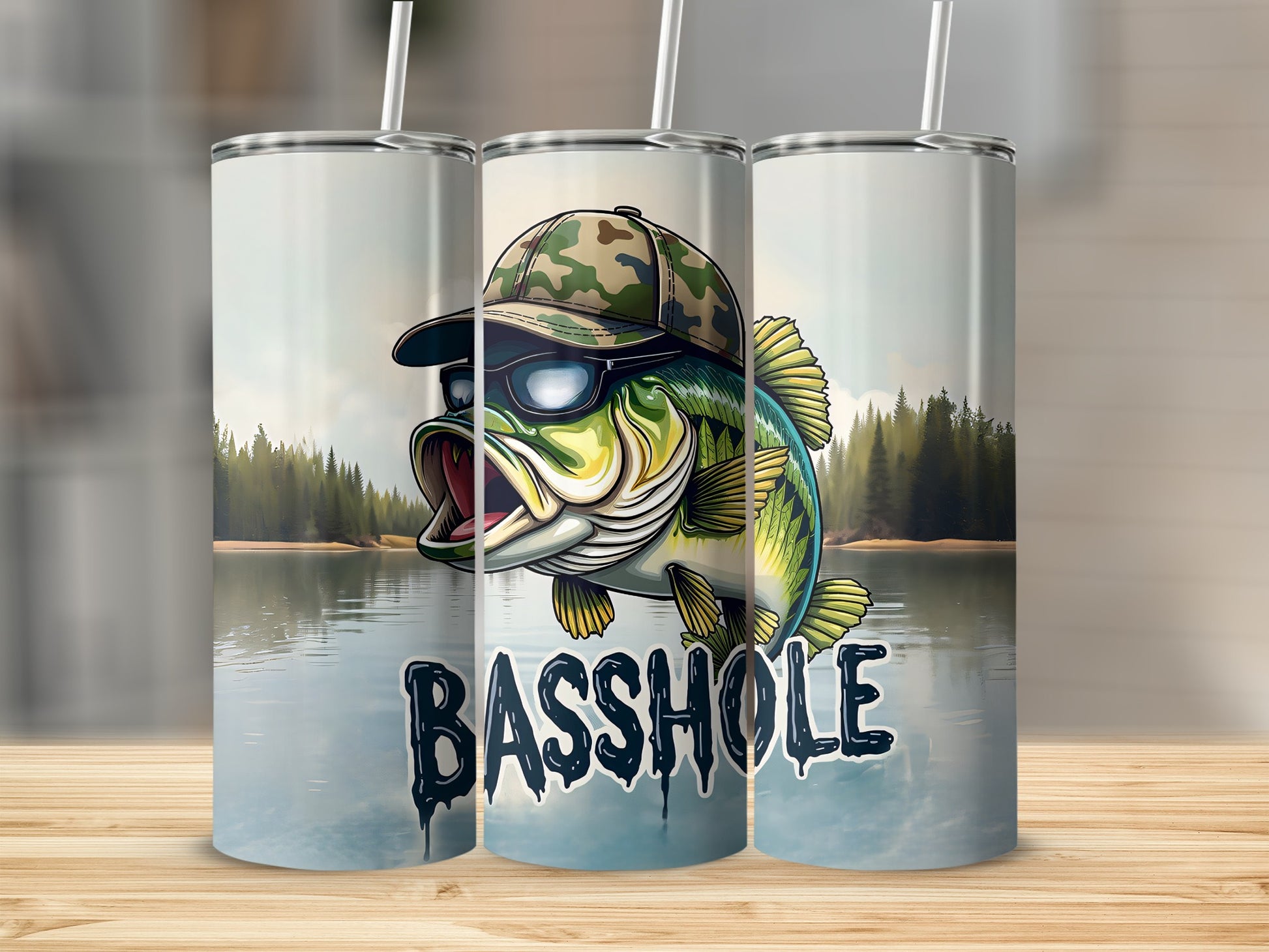 Bass fishing tumbler with cartoon bass wearing sunglasses and hat, "BASS HOLE" text.