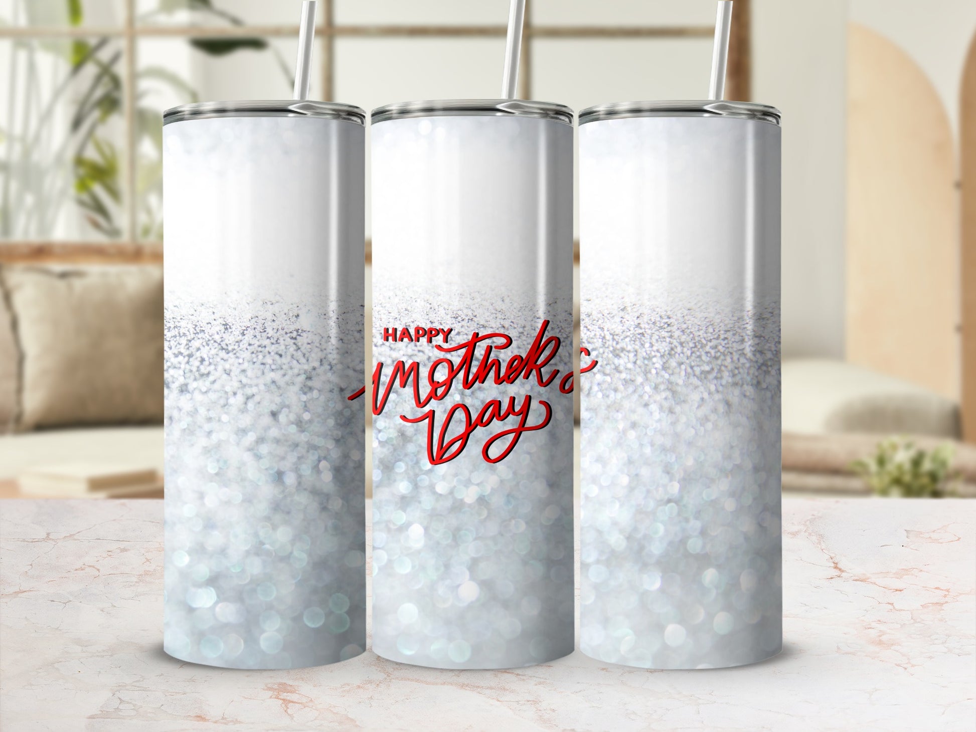 White glitter tumbler with "Happy Mother's Day" text.