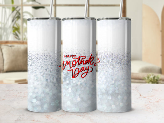 White glitter tumbler with "Happy Mother's Day" text.