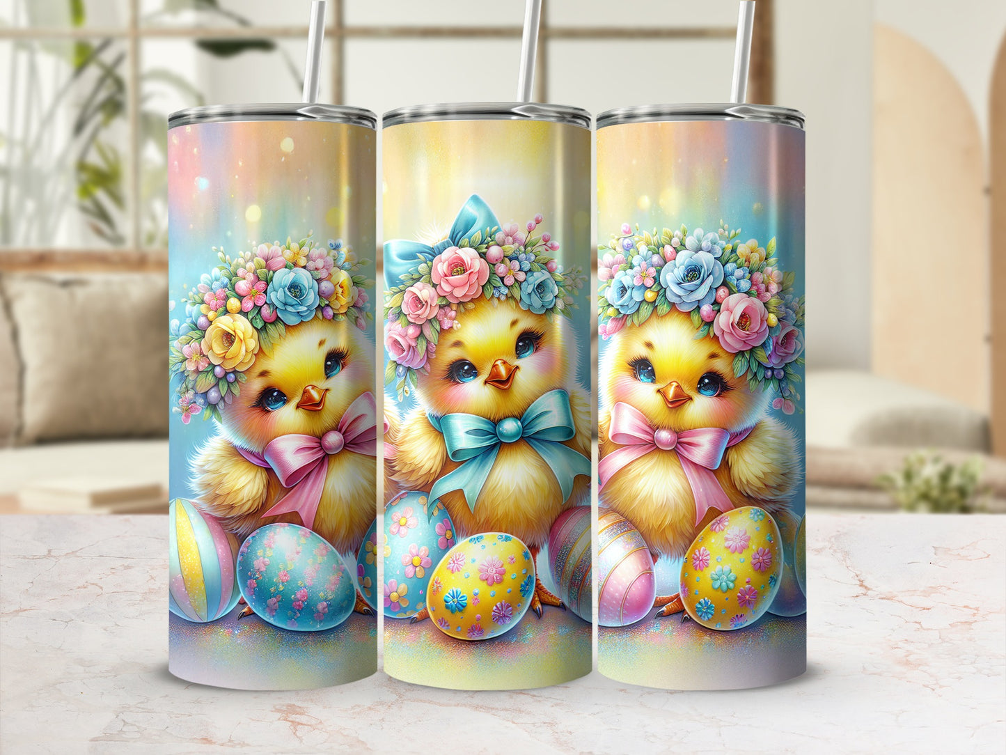 Three tumblers featuring cute chicks adorned with flower crowns and bows.