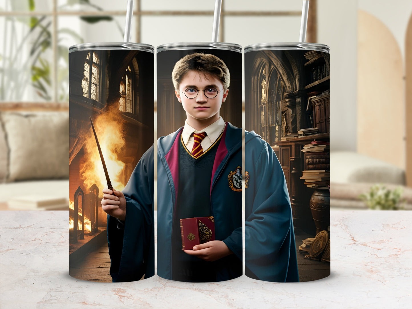Harry Potter holding a wand and book in Hogwarts library.