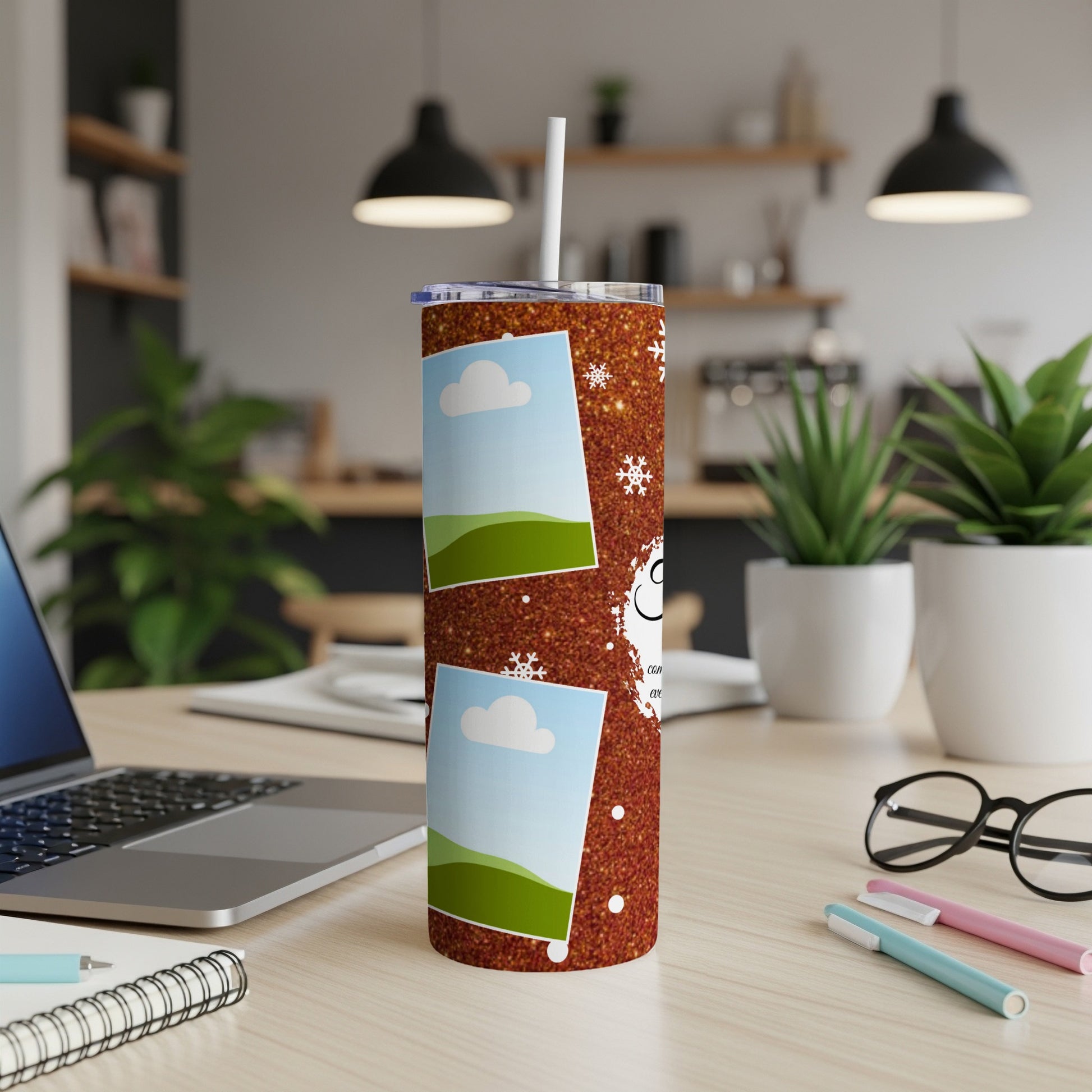 Brown glitter tumbler with snowflake pattern and photo frames, straw included.
