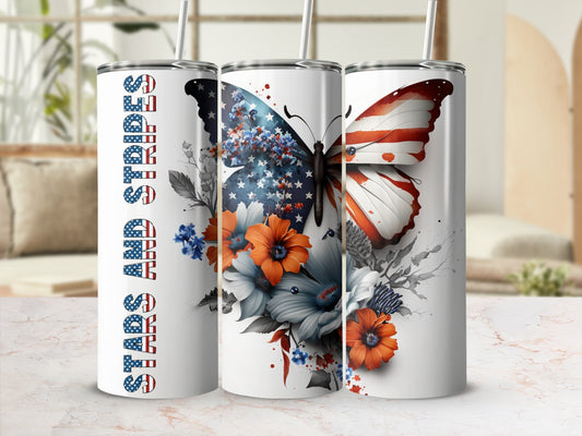 Tall tumblers featuring a patriotic butterfly and floral design.