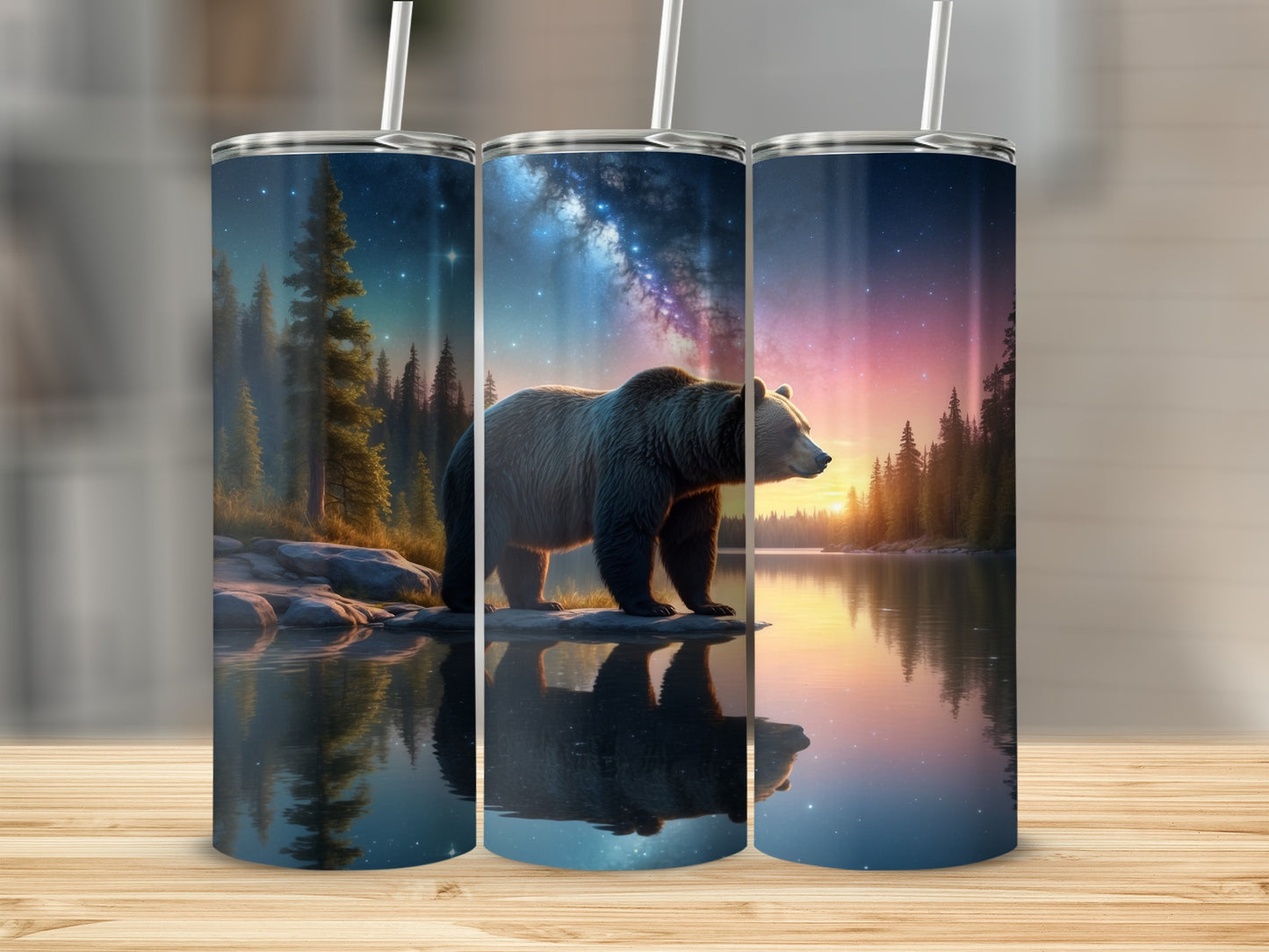 Bear standing by reflective water with starry night sky and trees.
