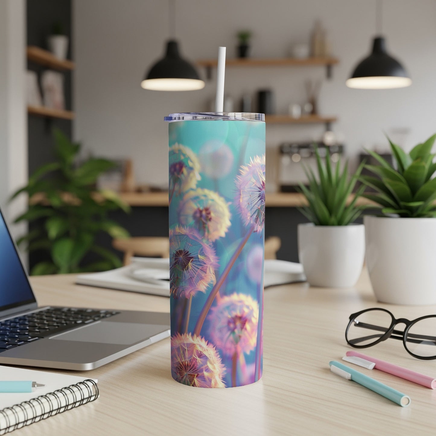 Tall tumbler with a close-up, vibrant dandelion seed head design.