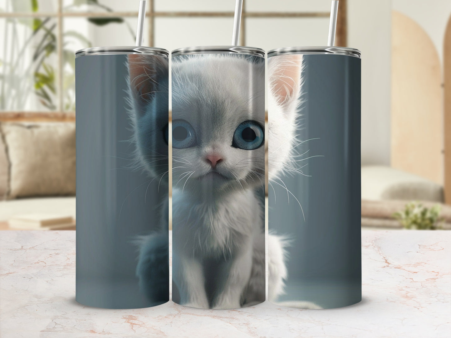 White kitten with blue eyes on a blue gradient background tumbler.