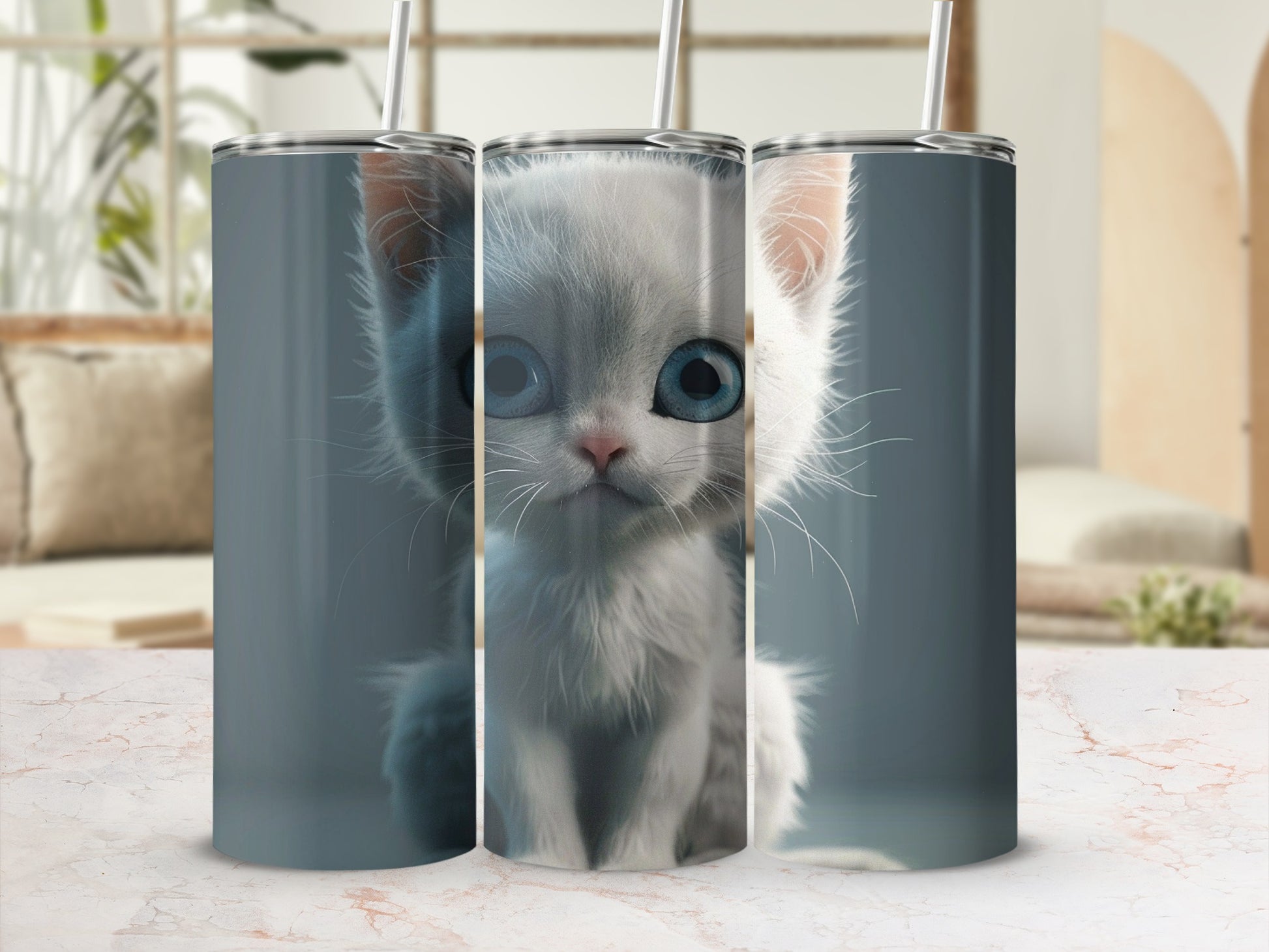 White kitten with blue eyes on a blue gradient background tumbler.