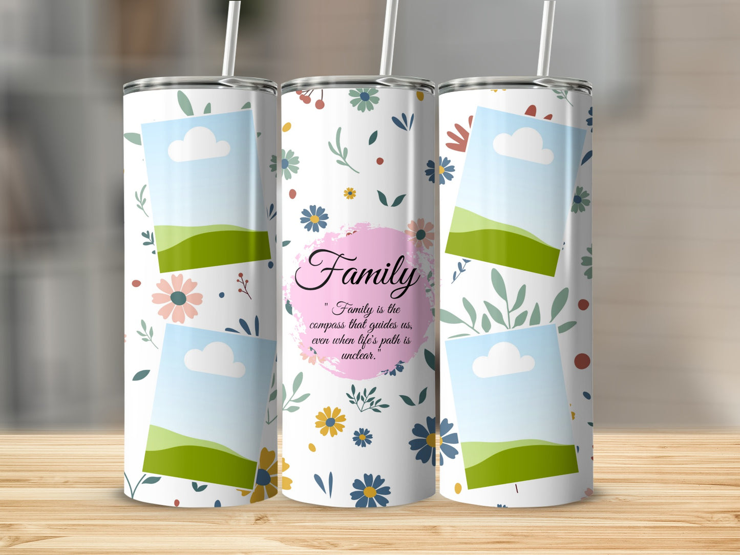 Tumbler with floral pattern and "Family" quote with placeholder image frames.
