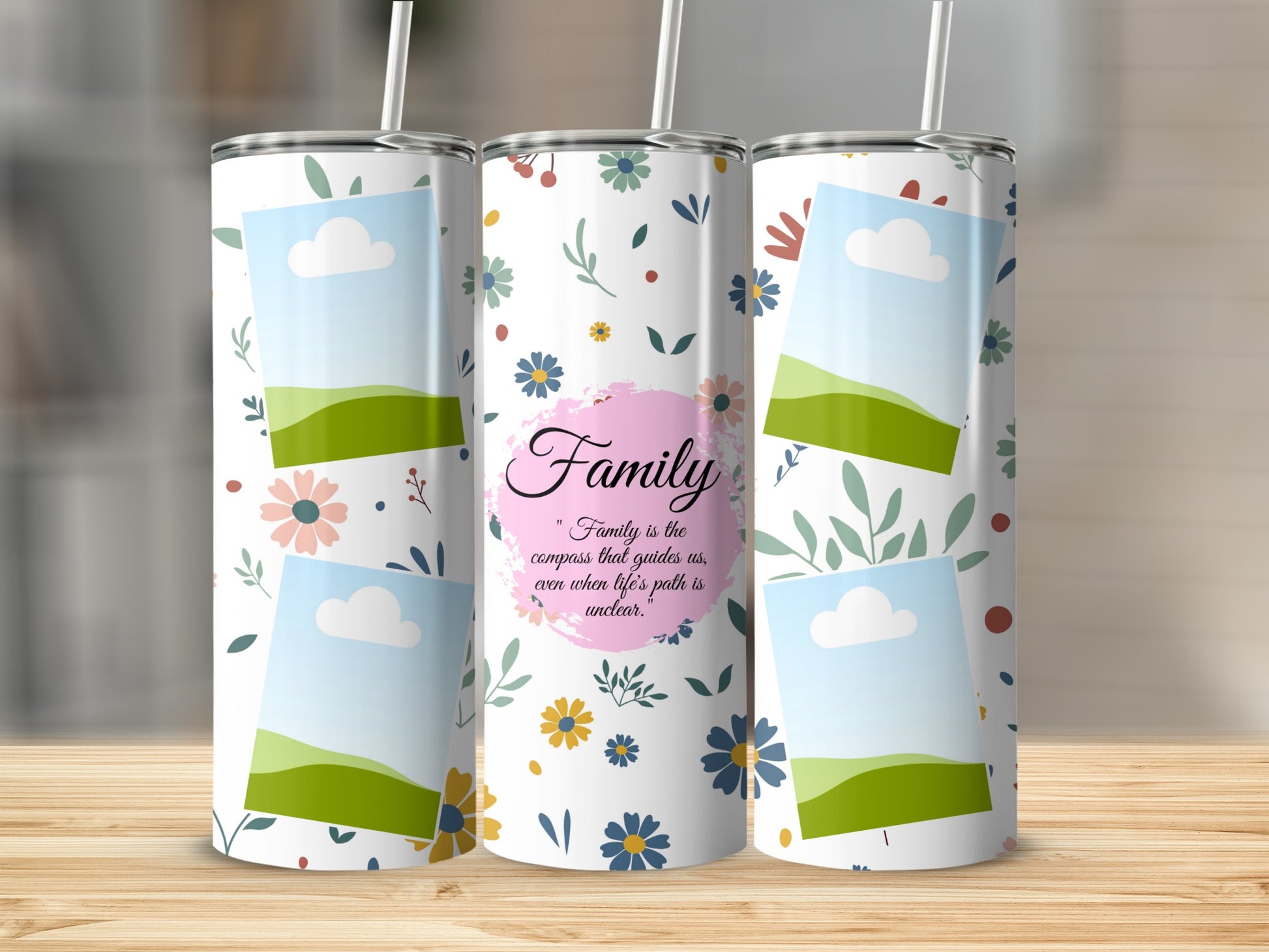 Tumbler with floral pattern and "Family" quote with placeholder image frames.