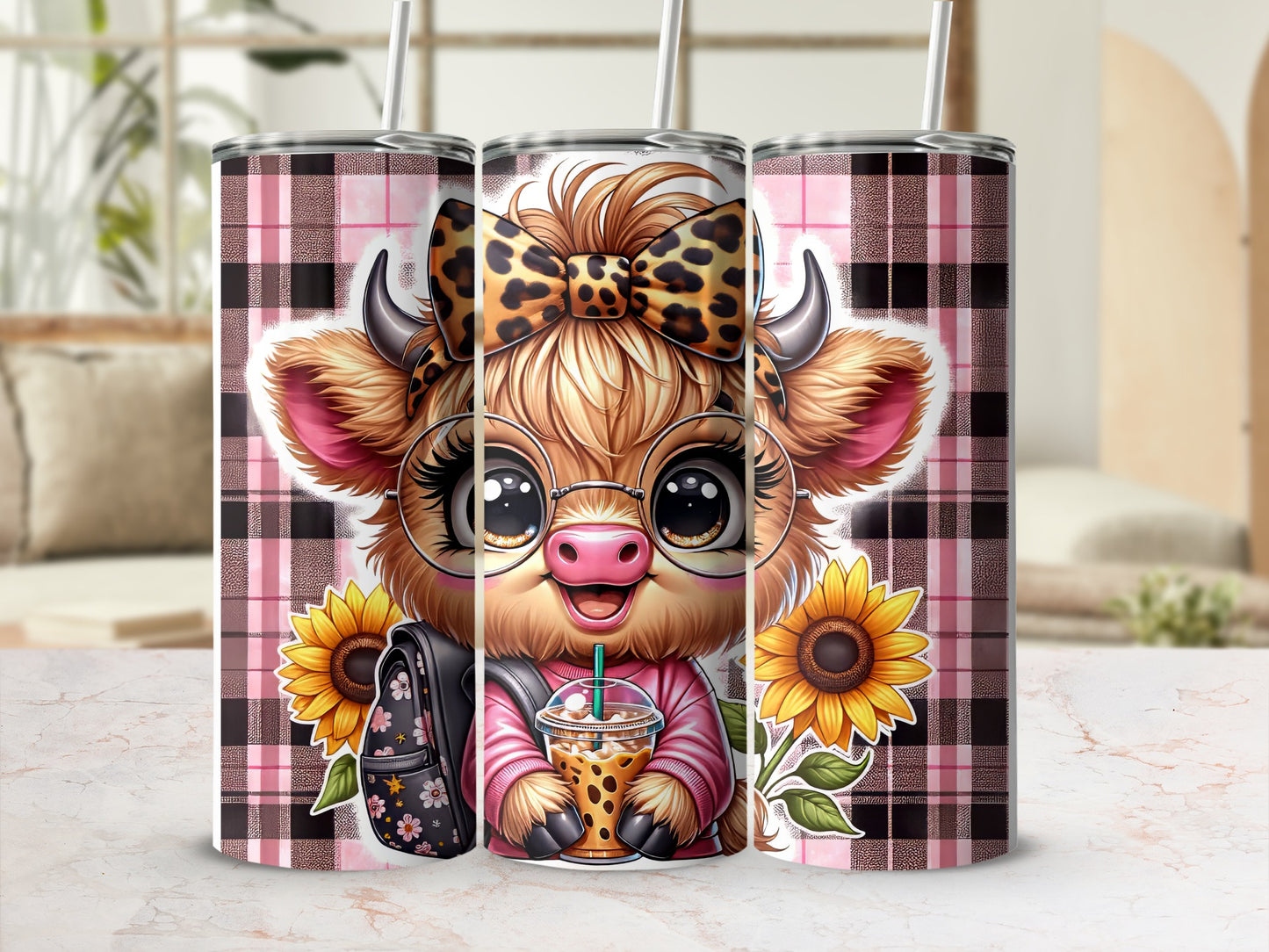 Cute cow with glasses and bow holding a drink, wearing a pink plaid shirt.