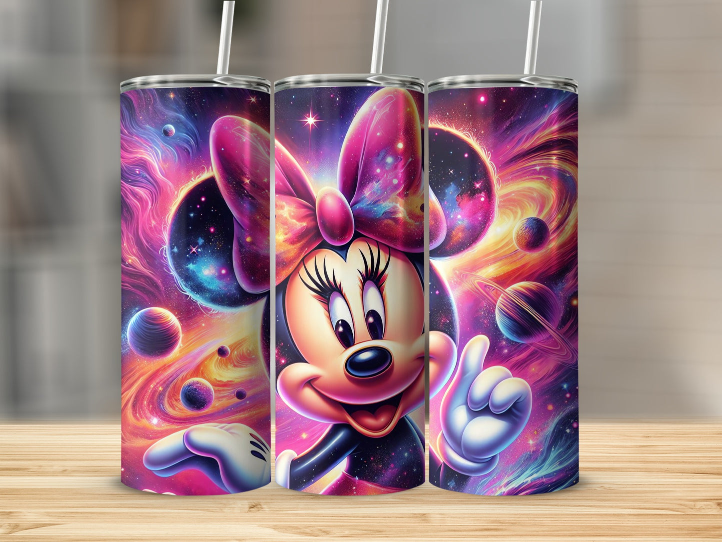 Vibrant Space Themed Minnie Mouse Tumbler With Straw