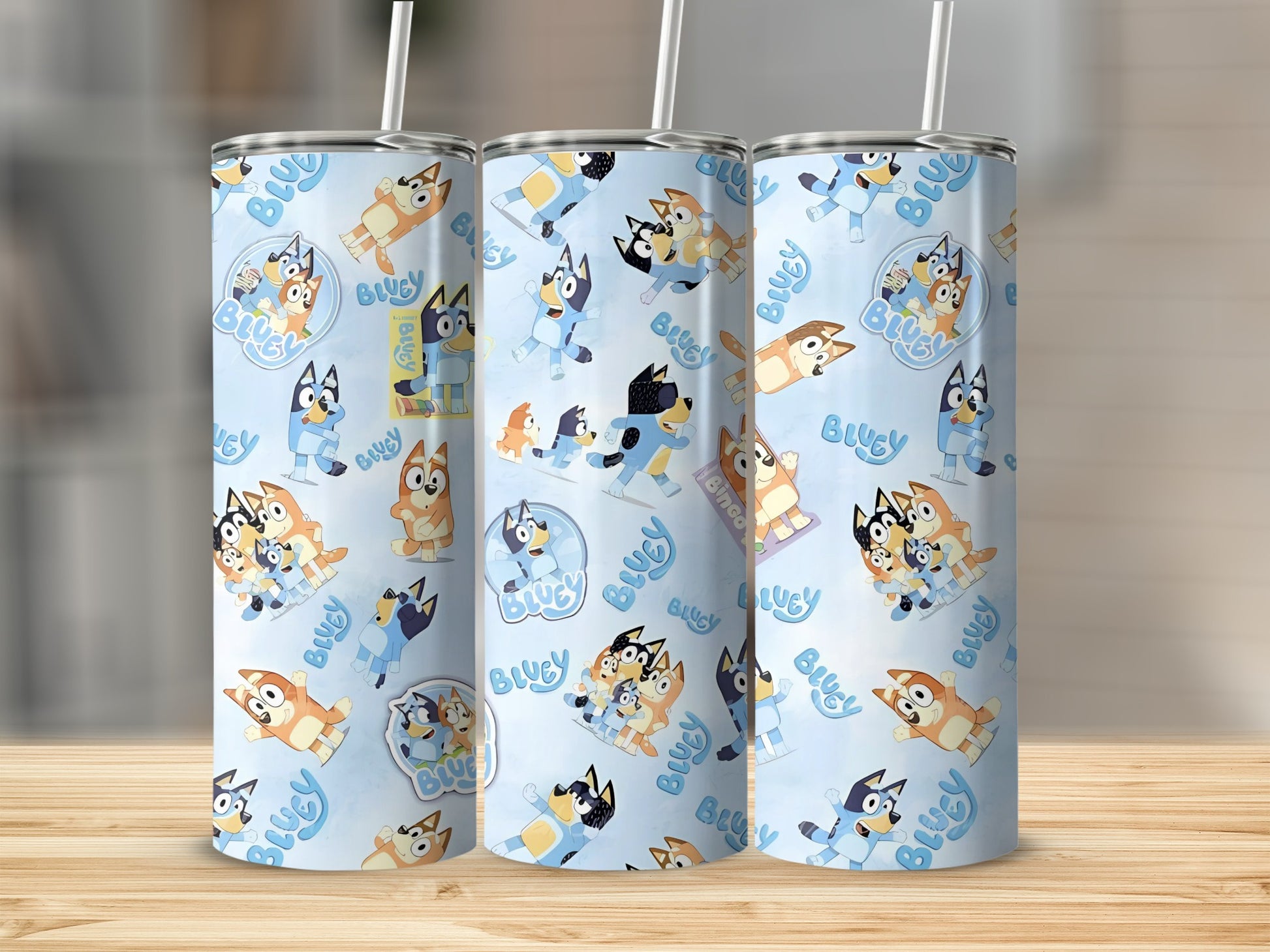 Cute Bluey Family Design on Light Blue Tumbler