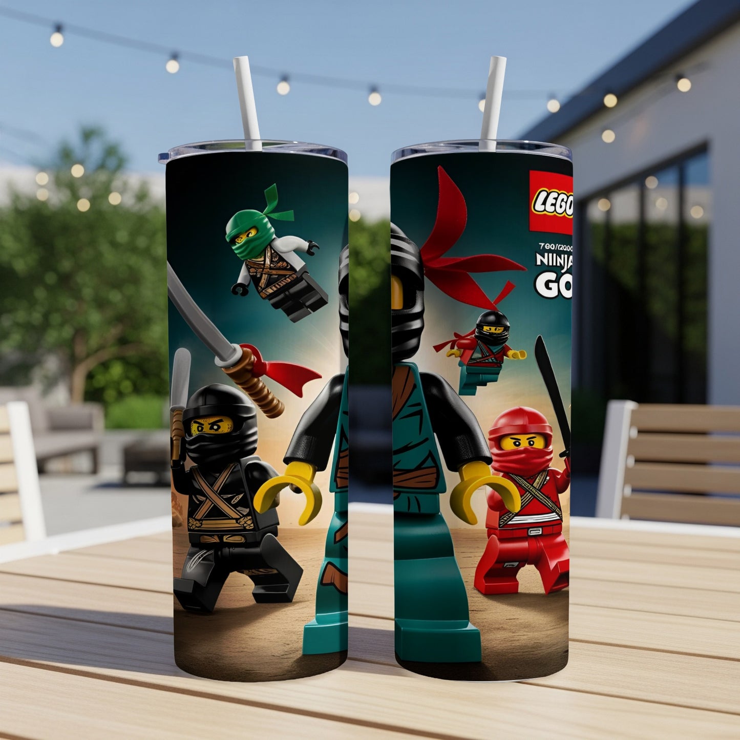 LEGO Ninjago Go tumbler with Kai, Cole, and Zane characters.