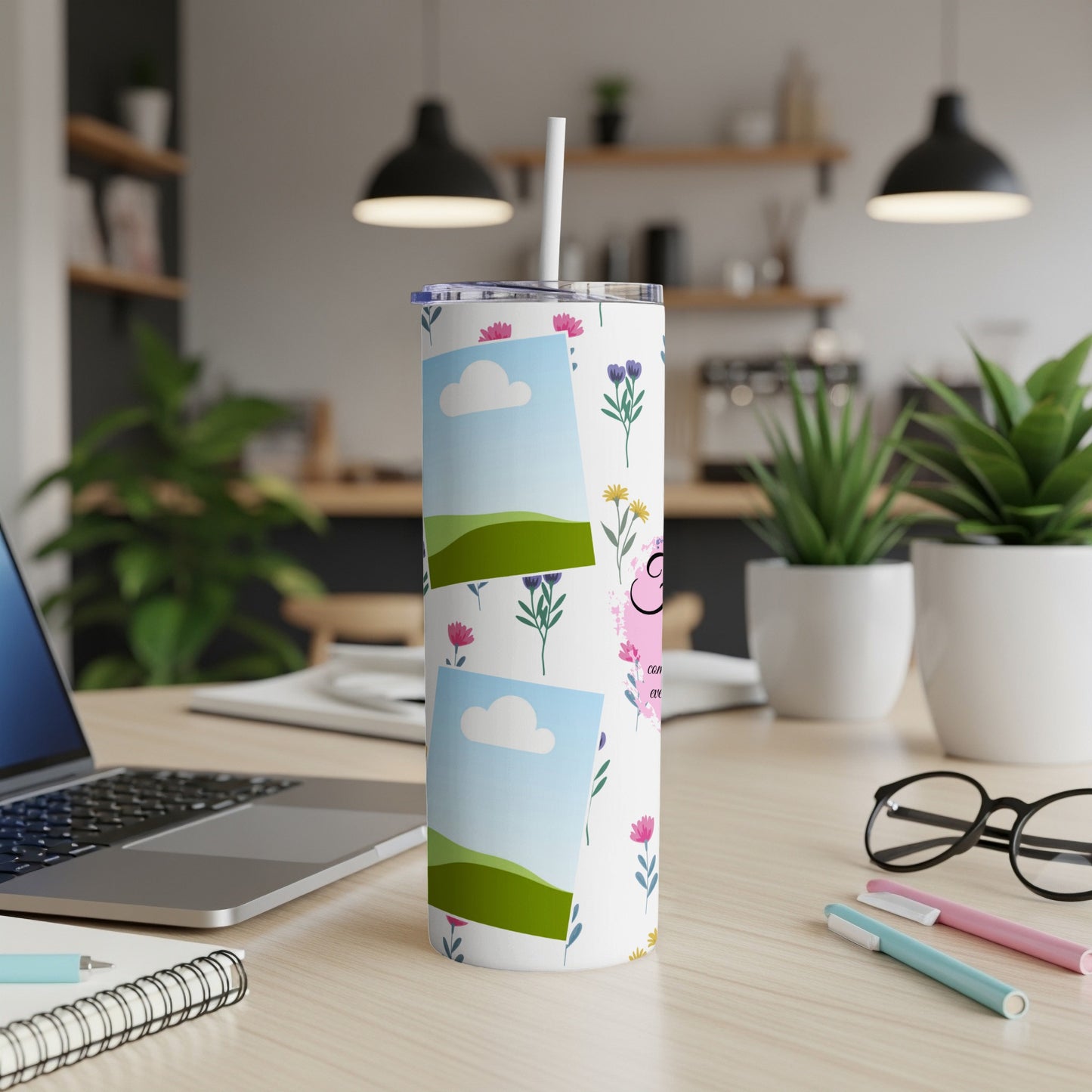 White tumbler with floral pattern and photo placeholders, featuring a pink pig character.
