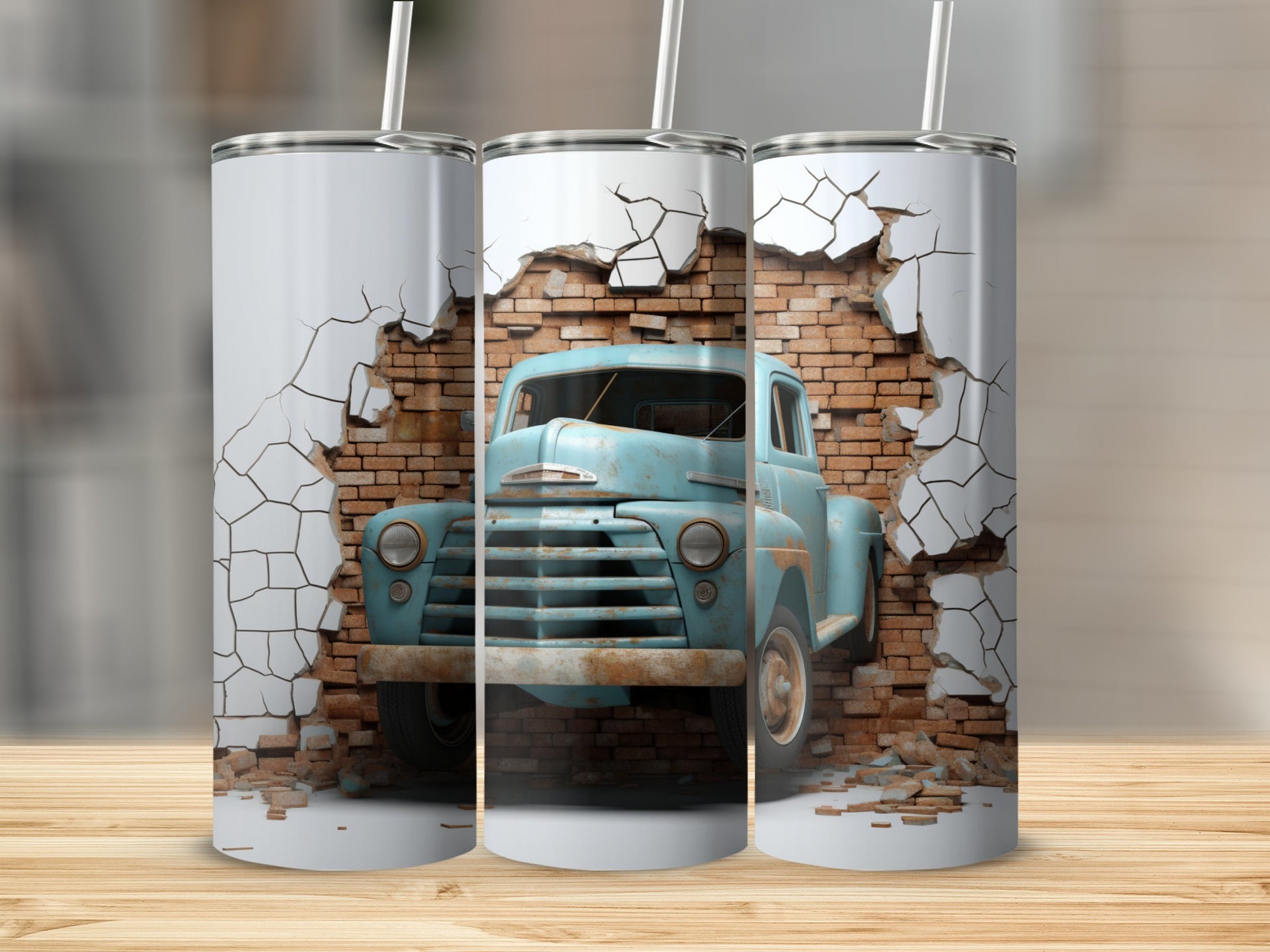 Vintage Truck Crashing Through Wall Art Tumbler Product