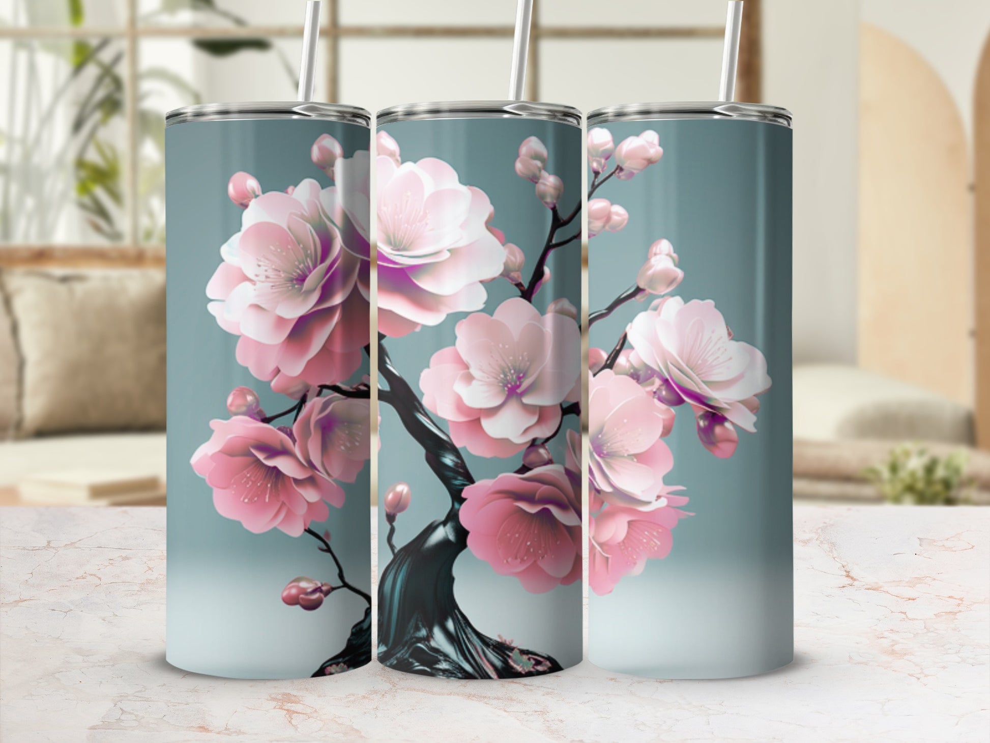 Three tumblers featuring a dark tree branch with blooming pink cherry blossoms.