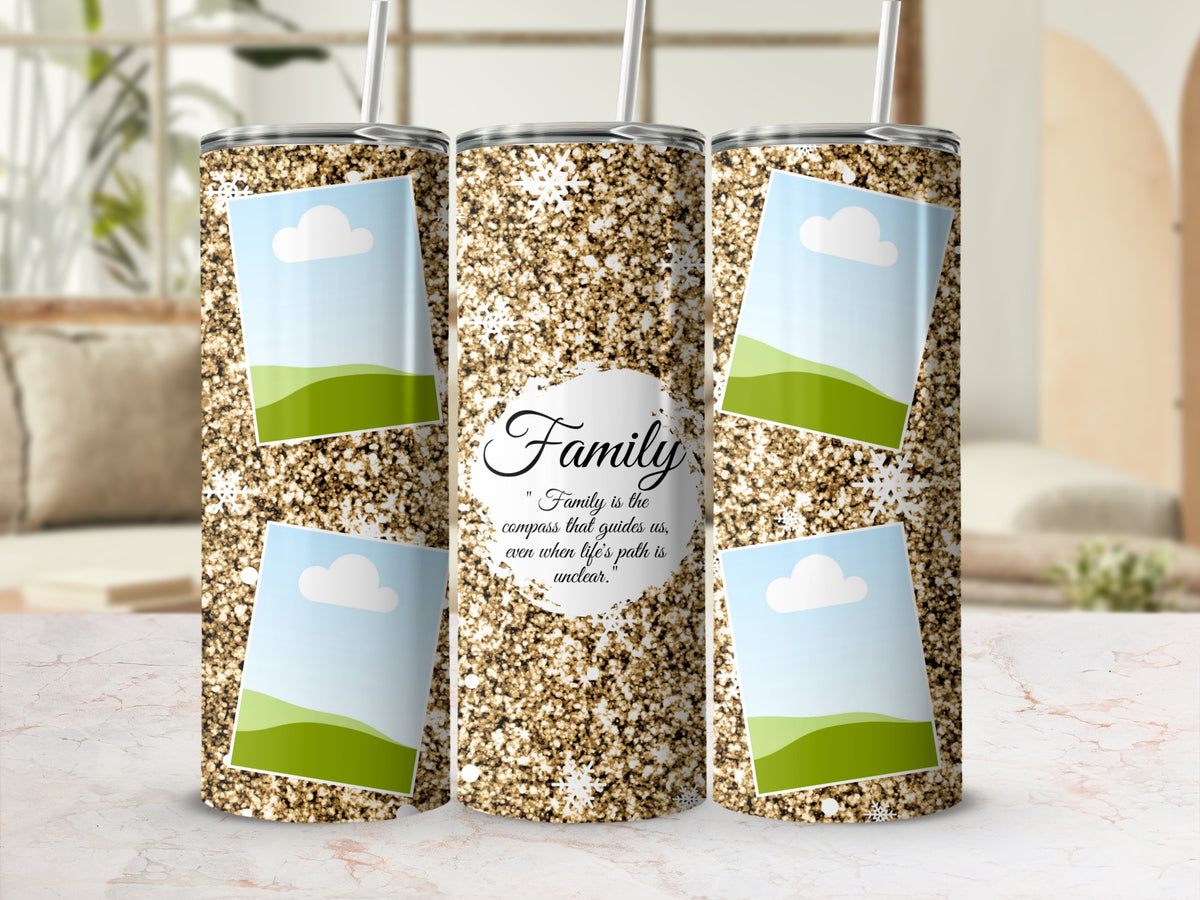 Gold glitter tumblers with snowflakes, photo placeholders, and "Family" quote.