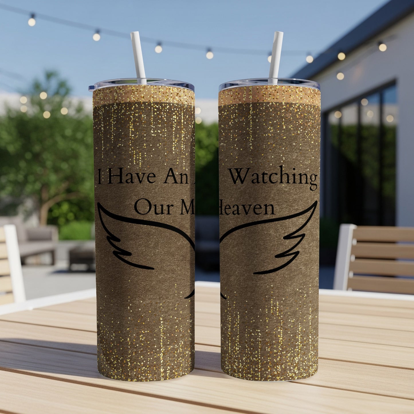 Glittery brown tumbler with "I Have An Angel Watching Over Me" text and wing graphic.