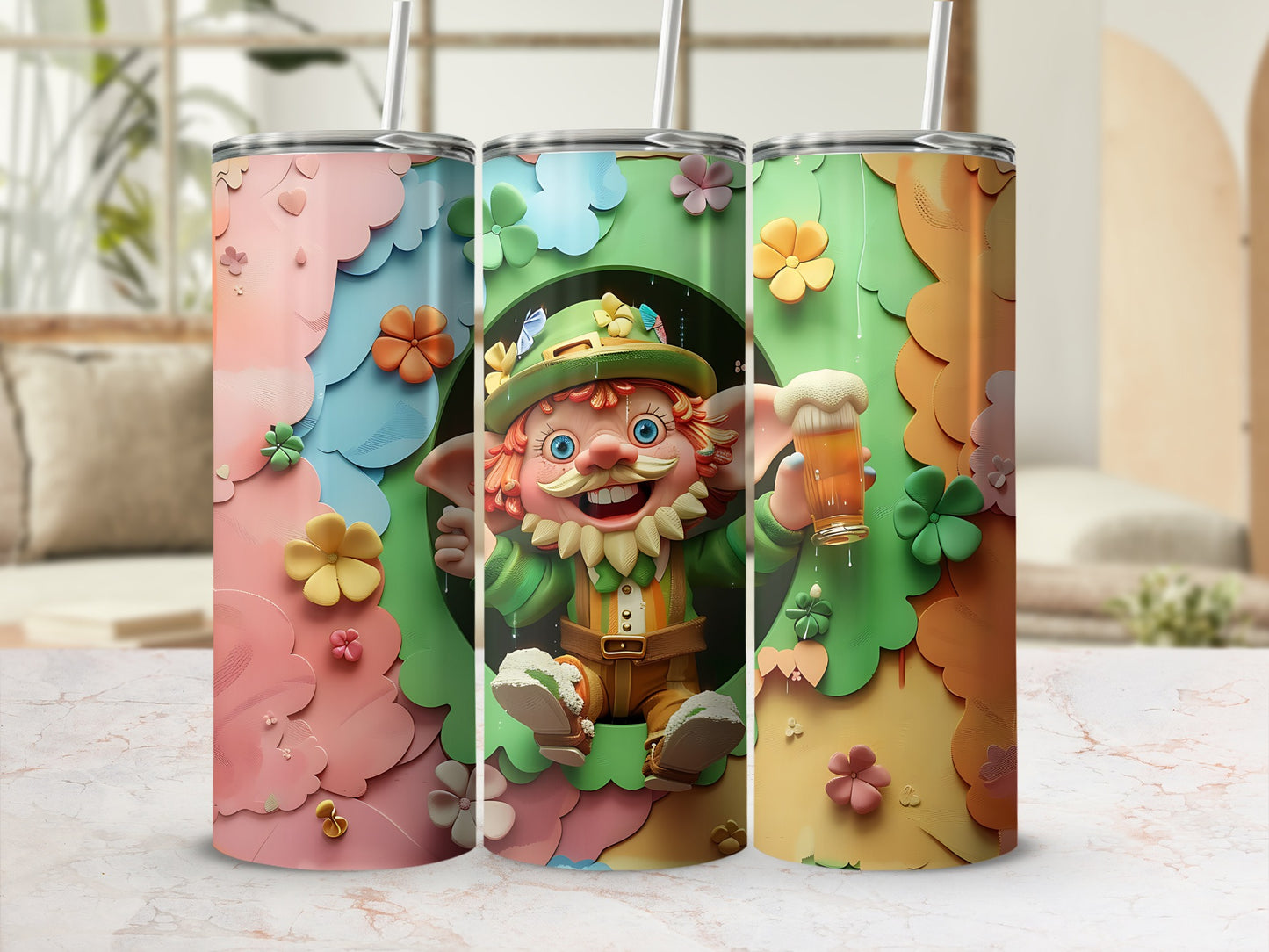Leprechaun in a tree holding a beer with colorful floral designs.