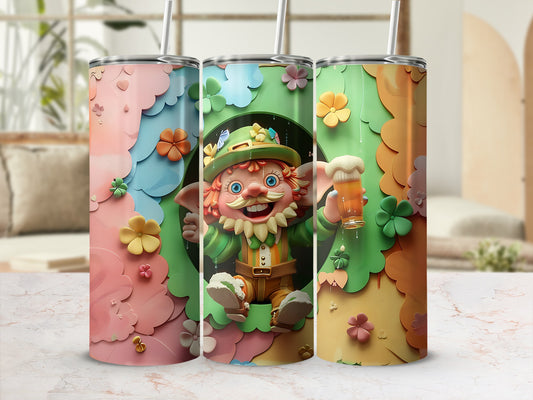 Leprechaun in a tree holding a beer with colorful floral designs.
