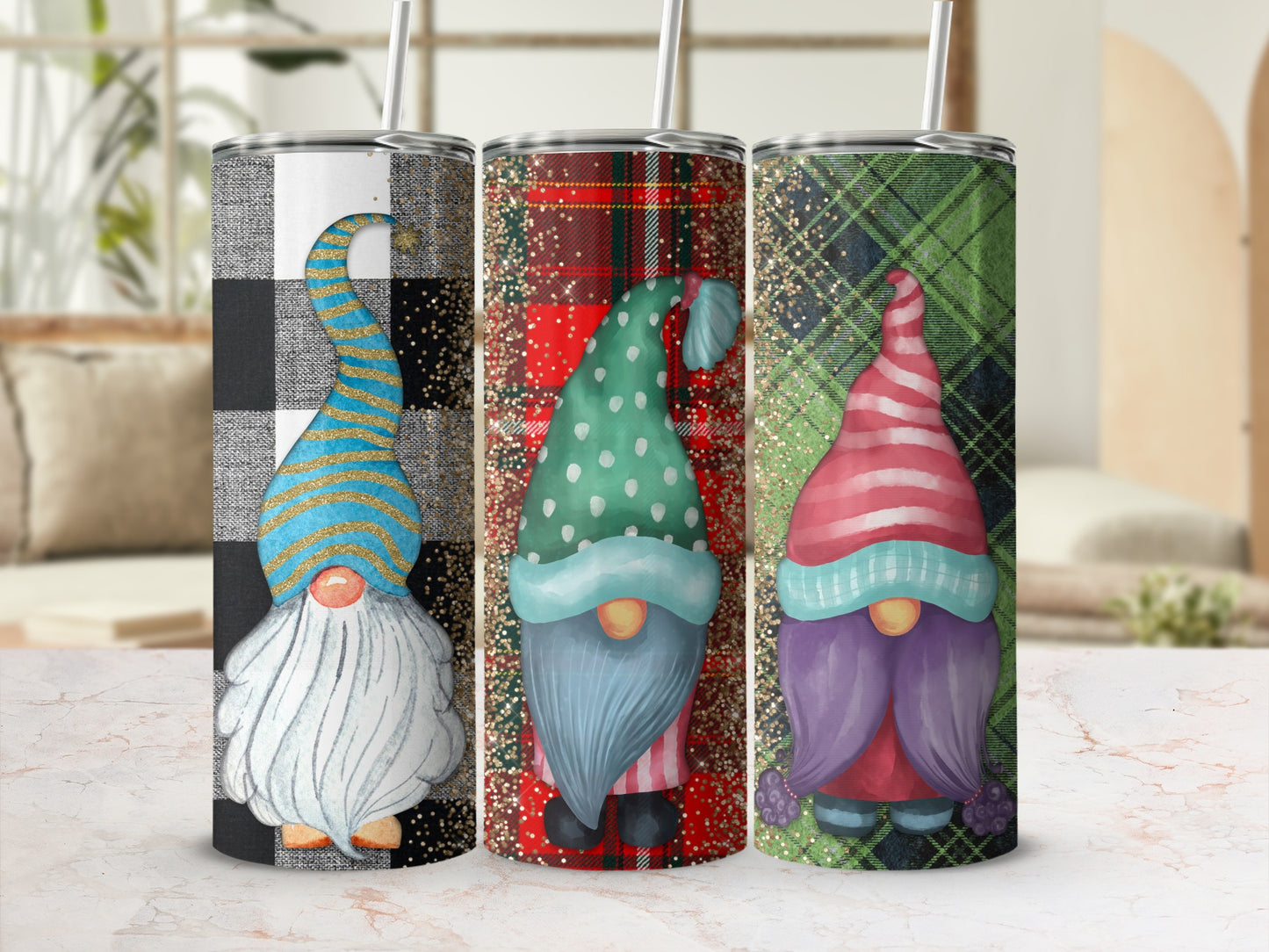Three gnomes in plaid patterns and festive hats with straws.