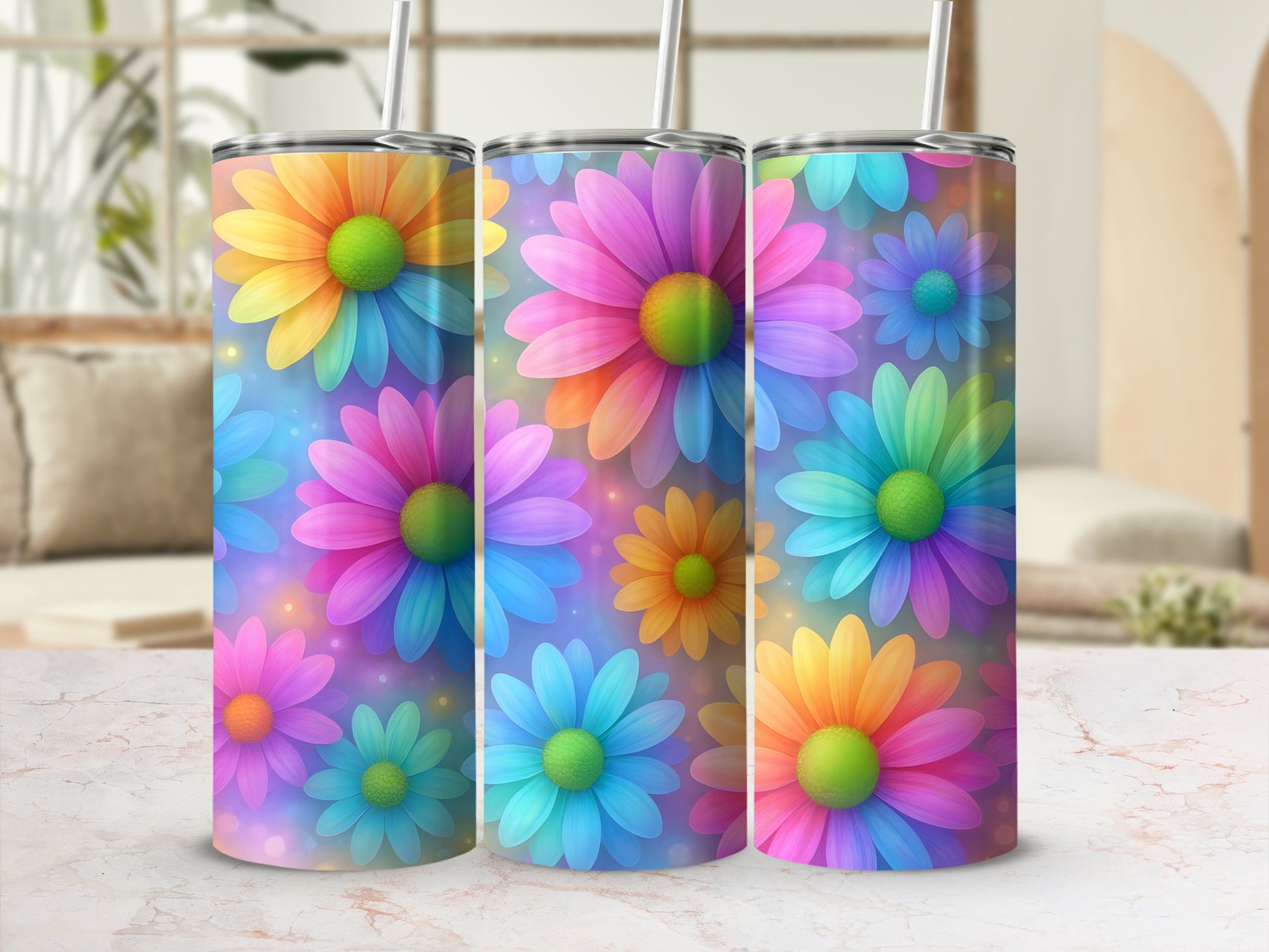 Three floral tumblers with rainbow-colored petals on a marble surface.