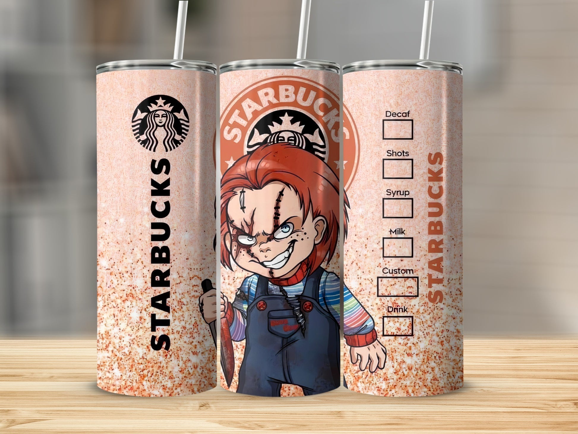 Chucky doll and Starbucks logo on a glitter tumbler with drink order checkboxes.