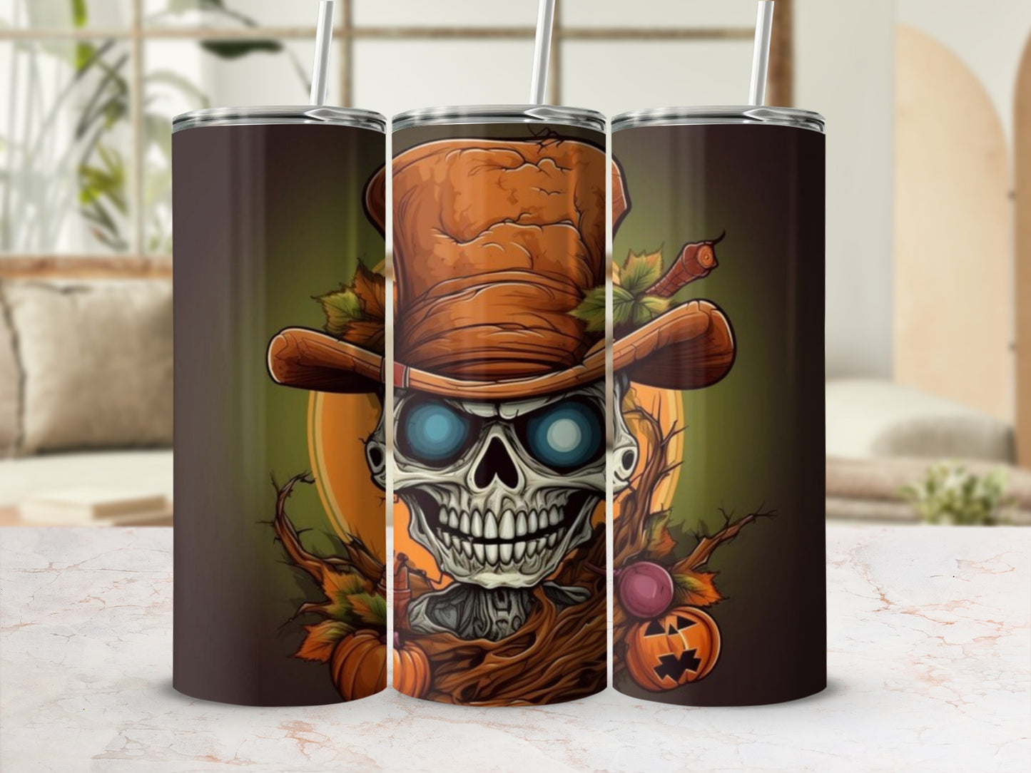 Three tumblers featuring a spooky Halloween skull design with pumpkins and autumn leaves.