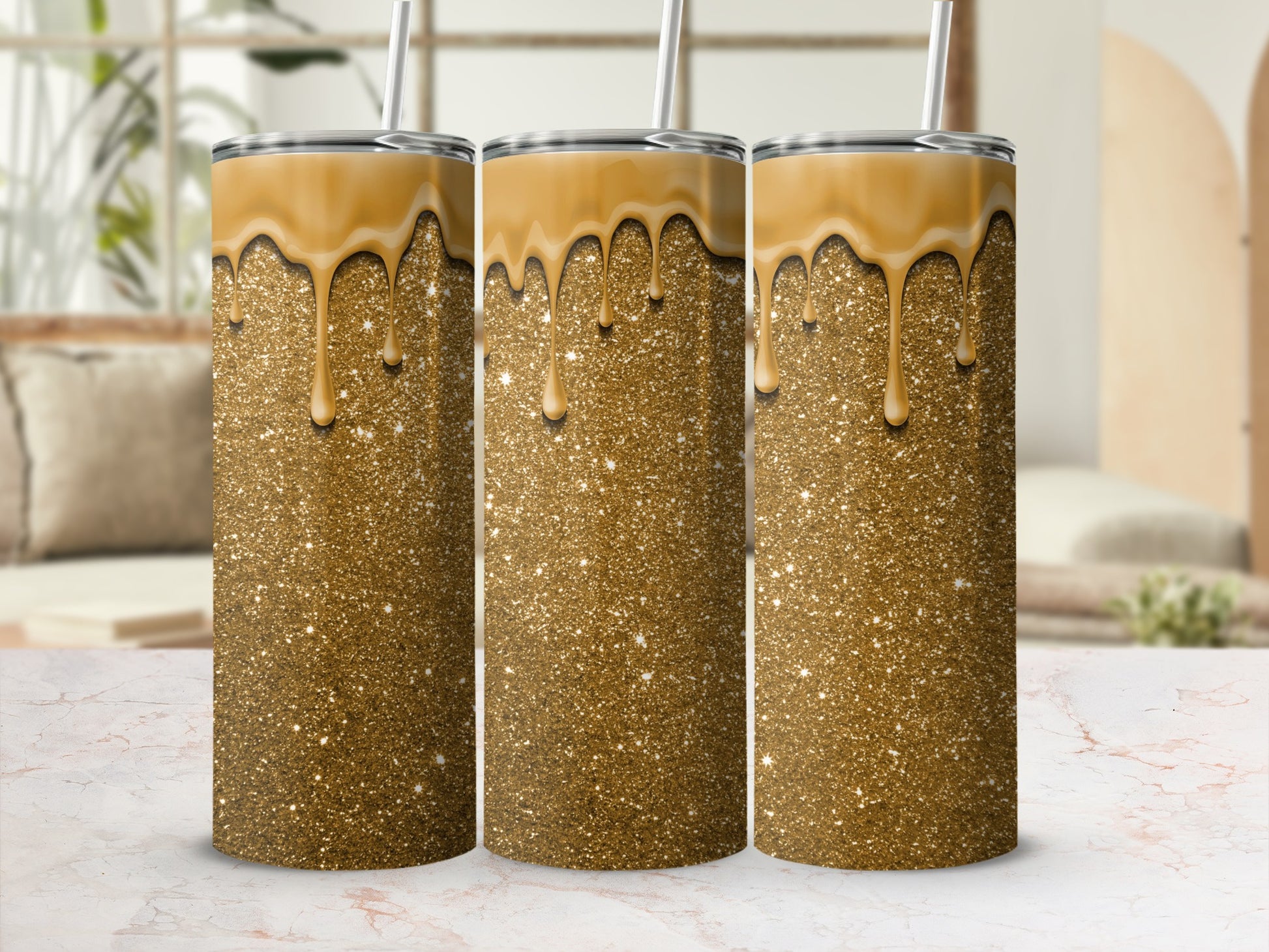 Gold Glitter Drip Design Tumbler Cup Beverage Holder