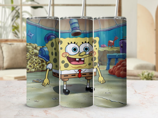 SpongeBob SquarePants cartoon character on a patterned tumbler.