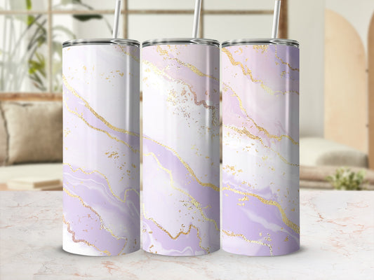 Three tumblers with a marbled lavender and gold design.