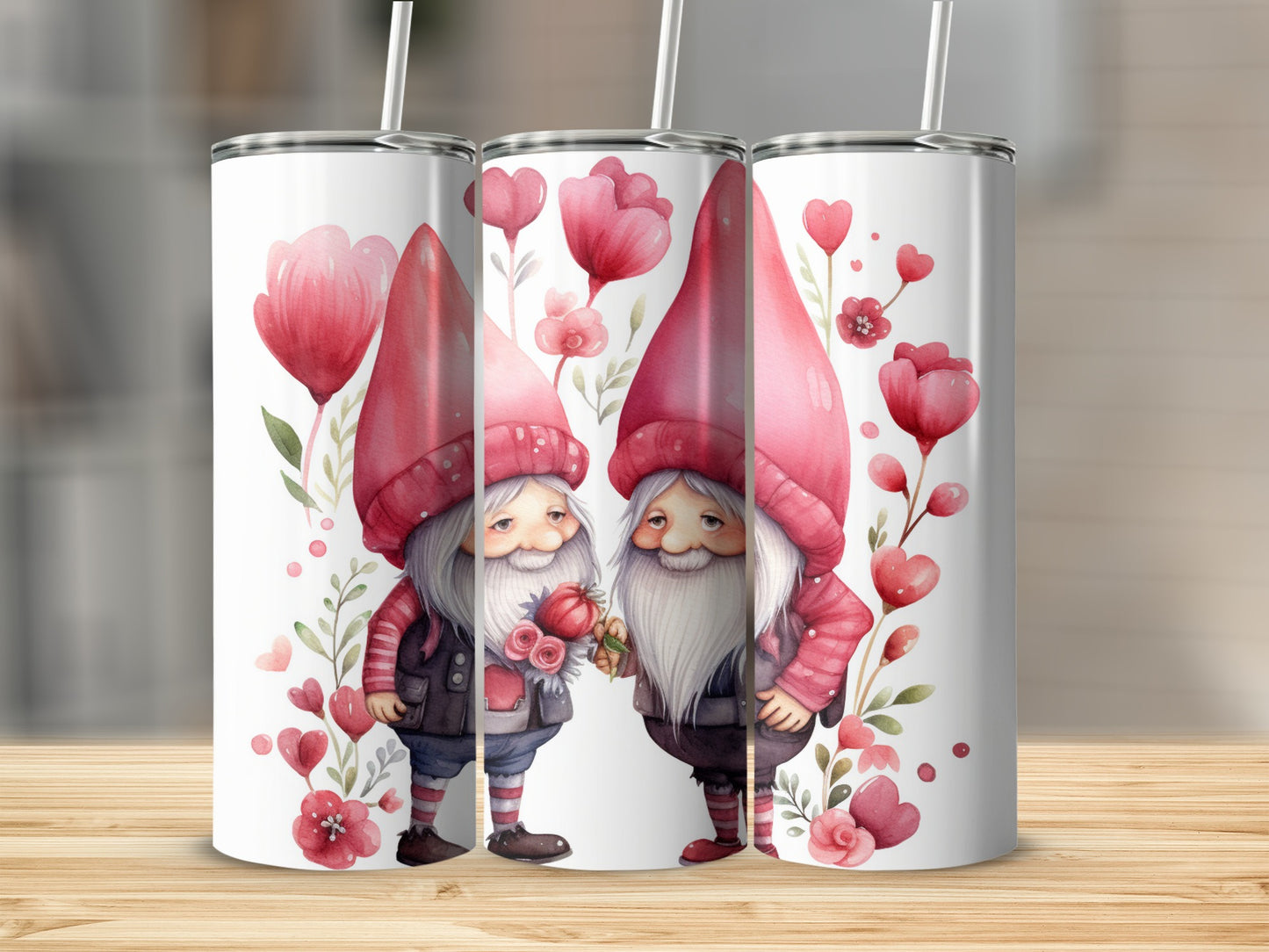 Cute Gnome Couple Tumbler with Pink Floral Design