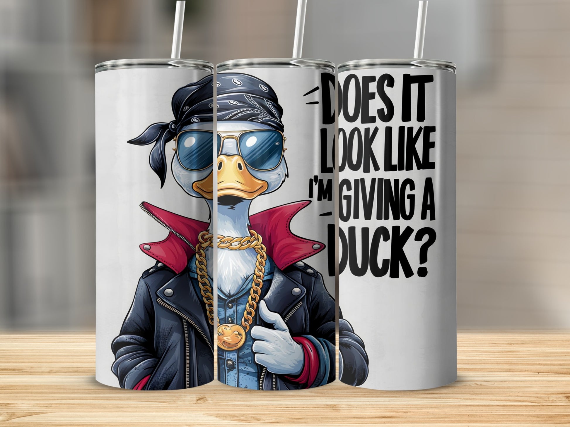Cool cartoon duck wearing sunglasses, bandana, and gold chain with text.