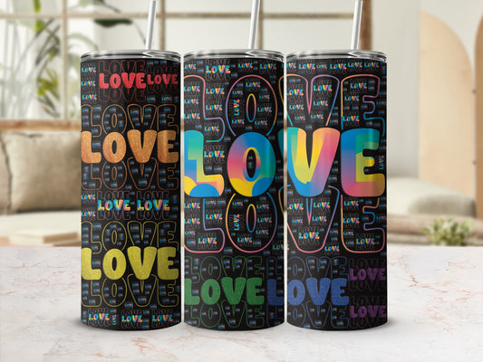 Tumbler with repeating "LOVE" pattern in various colors and fonts.