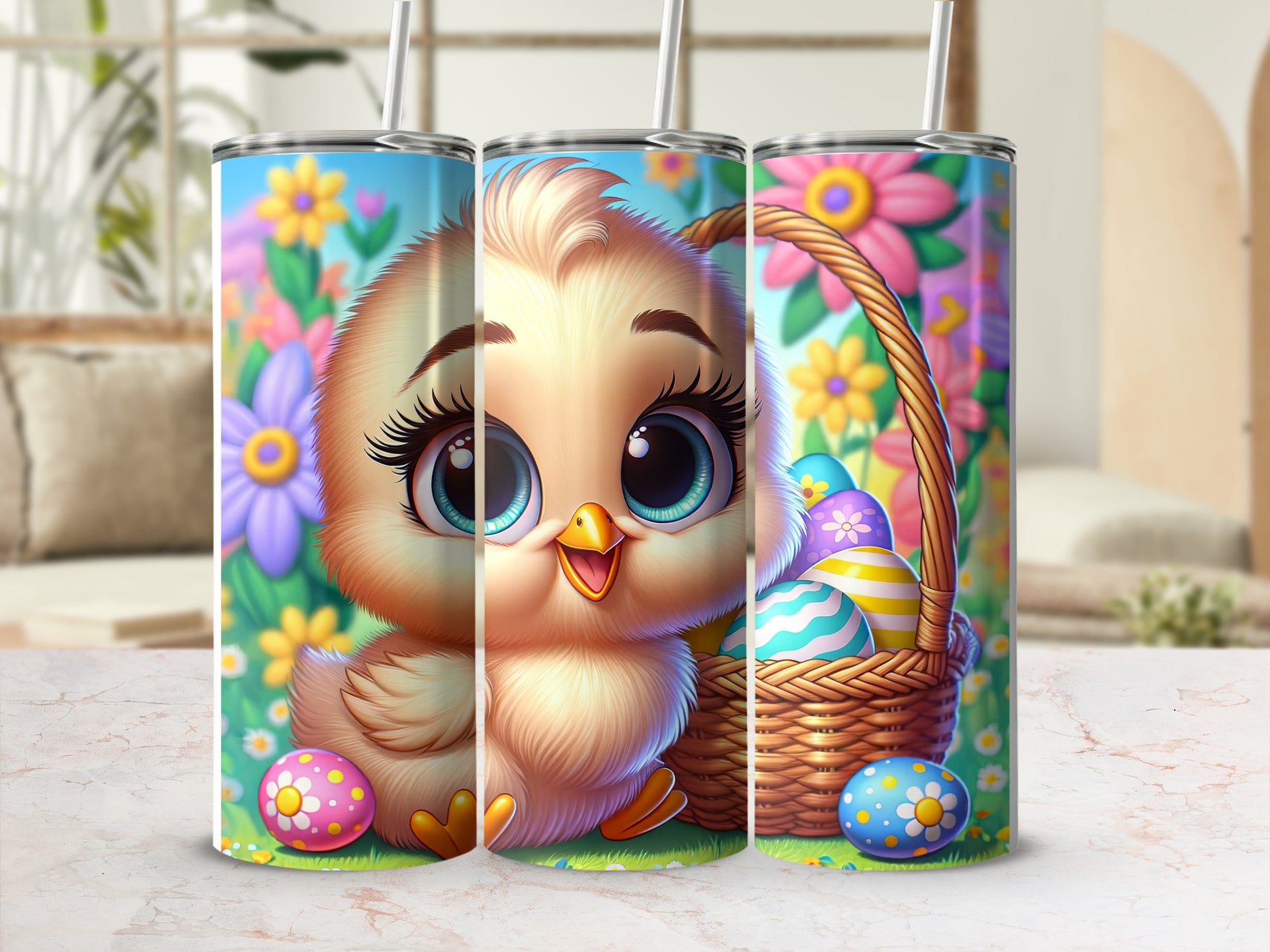 Cute chick with Easter eggs and flowers on a tumbler.