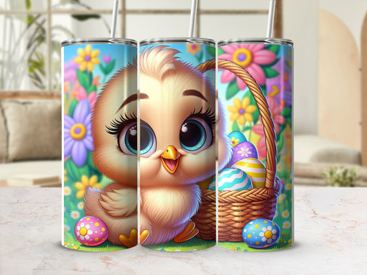 Cute chick with Easter eggs and flowers on a tumbler.