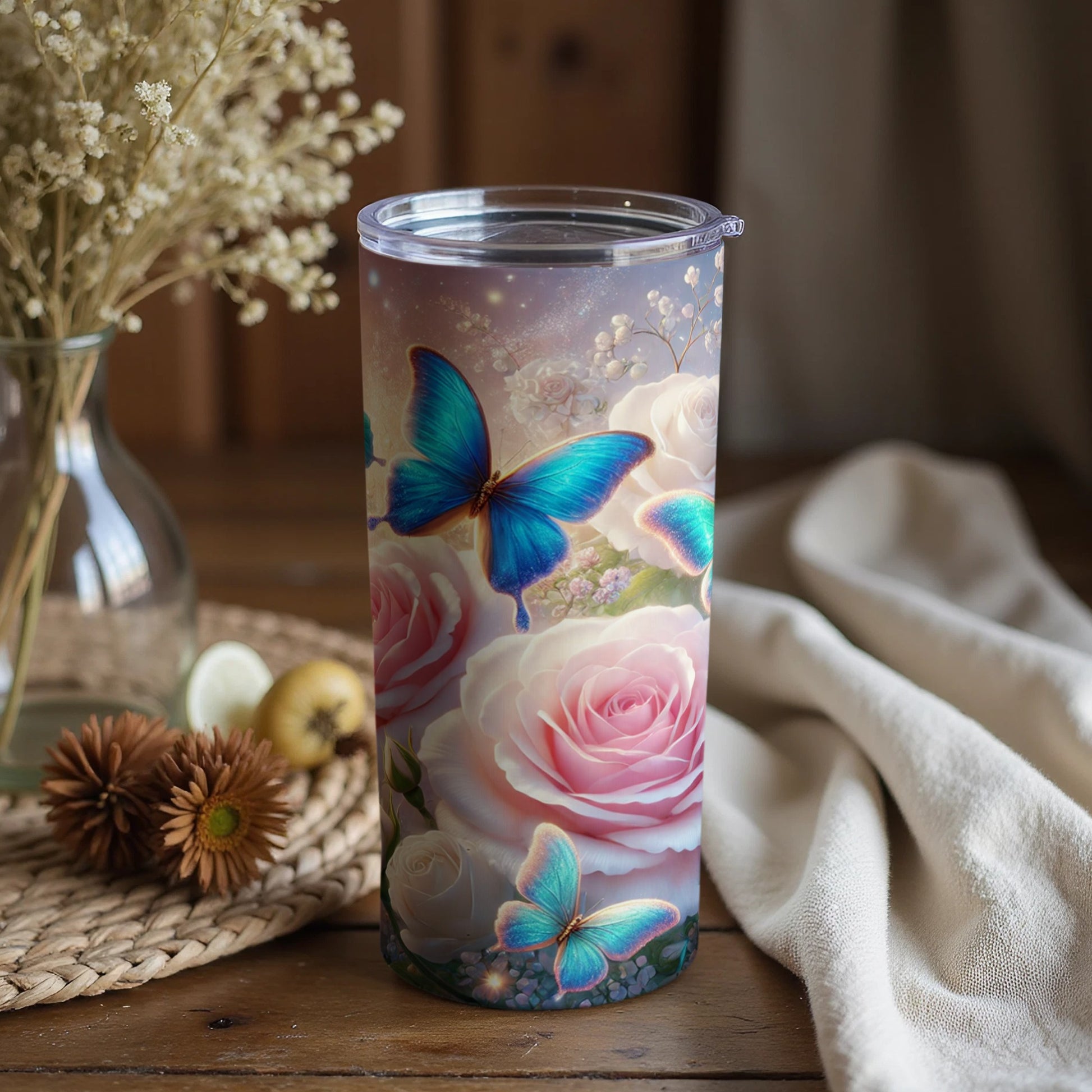 Enchanting Butterfly and Rose Design Tumbler