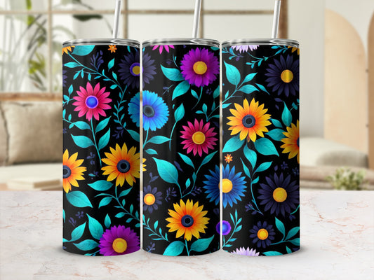 Three tumblers with a colorful floral design on a black background.