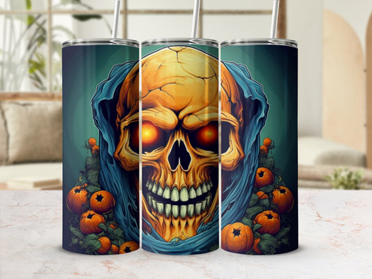 Tumblers featuring a glowing skull surrounded by pumpkins and draped in blue fabric.