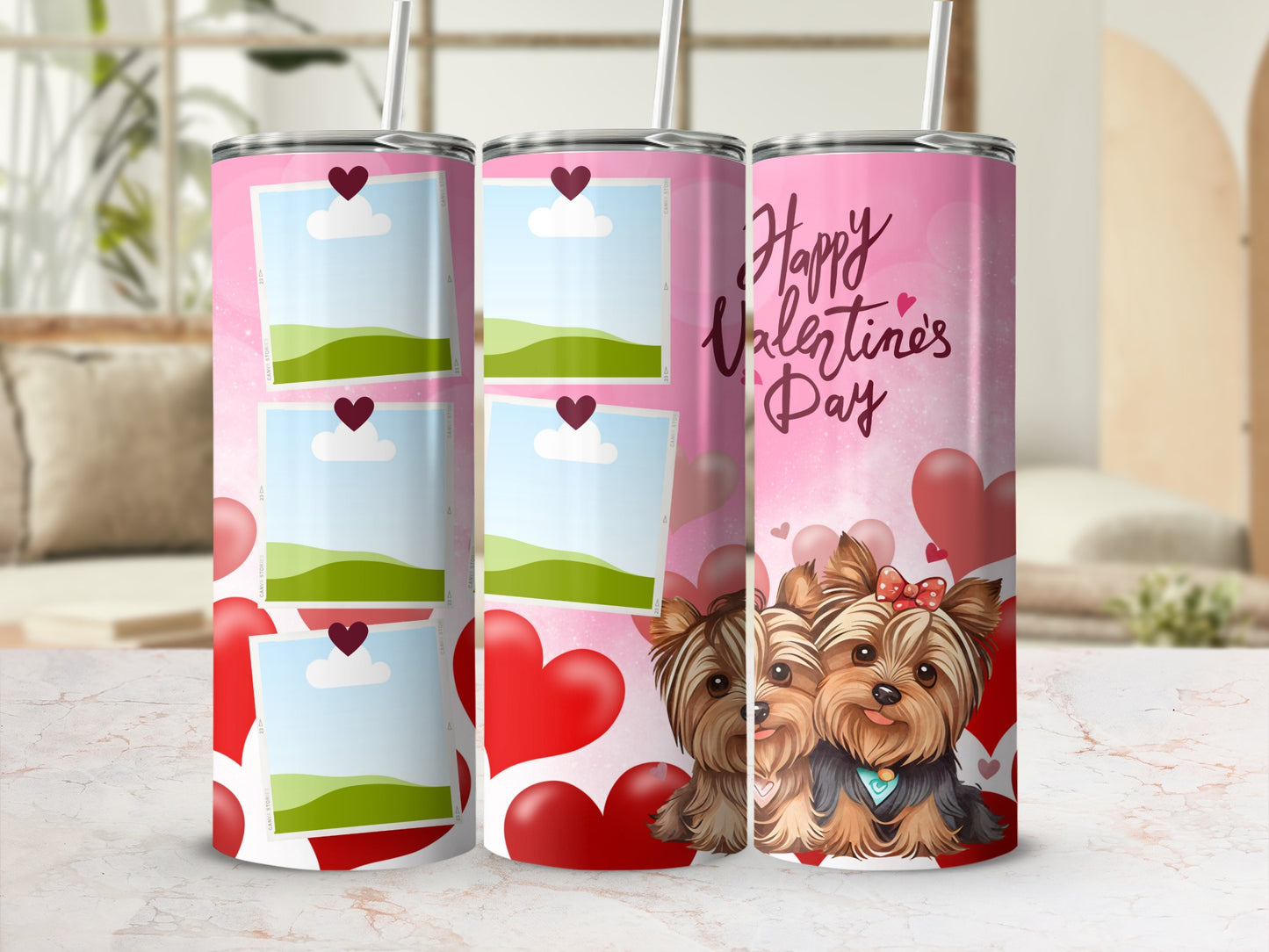 Three Valentine's Day themed tumblers with heart accents and two Yorkshire terriers.
