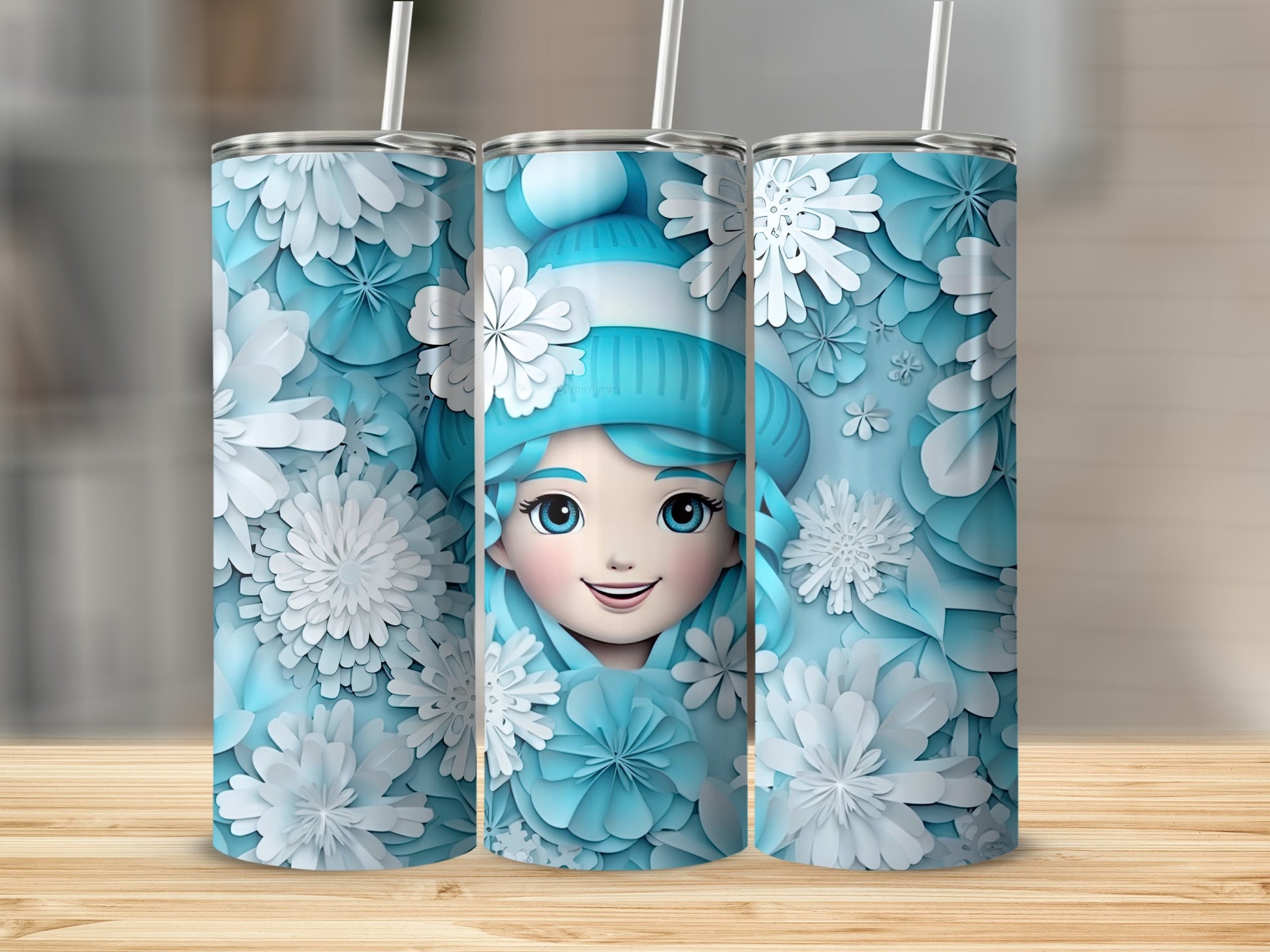Floral Patterned Tumbler Blue and White Girl Illustration