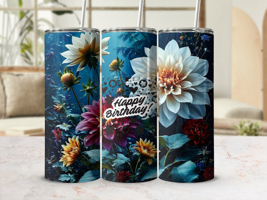Tall tumbler with dahlia and chrysanthemum floral pattern and "Happy Birthday!" text.