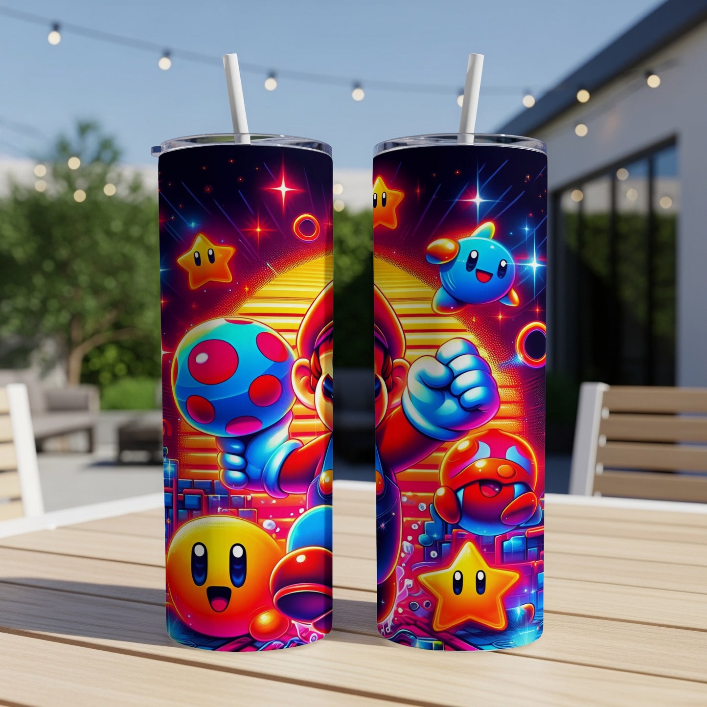 Mario holding a blue question block, surrounded by stars and characters from the game.