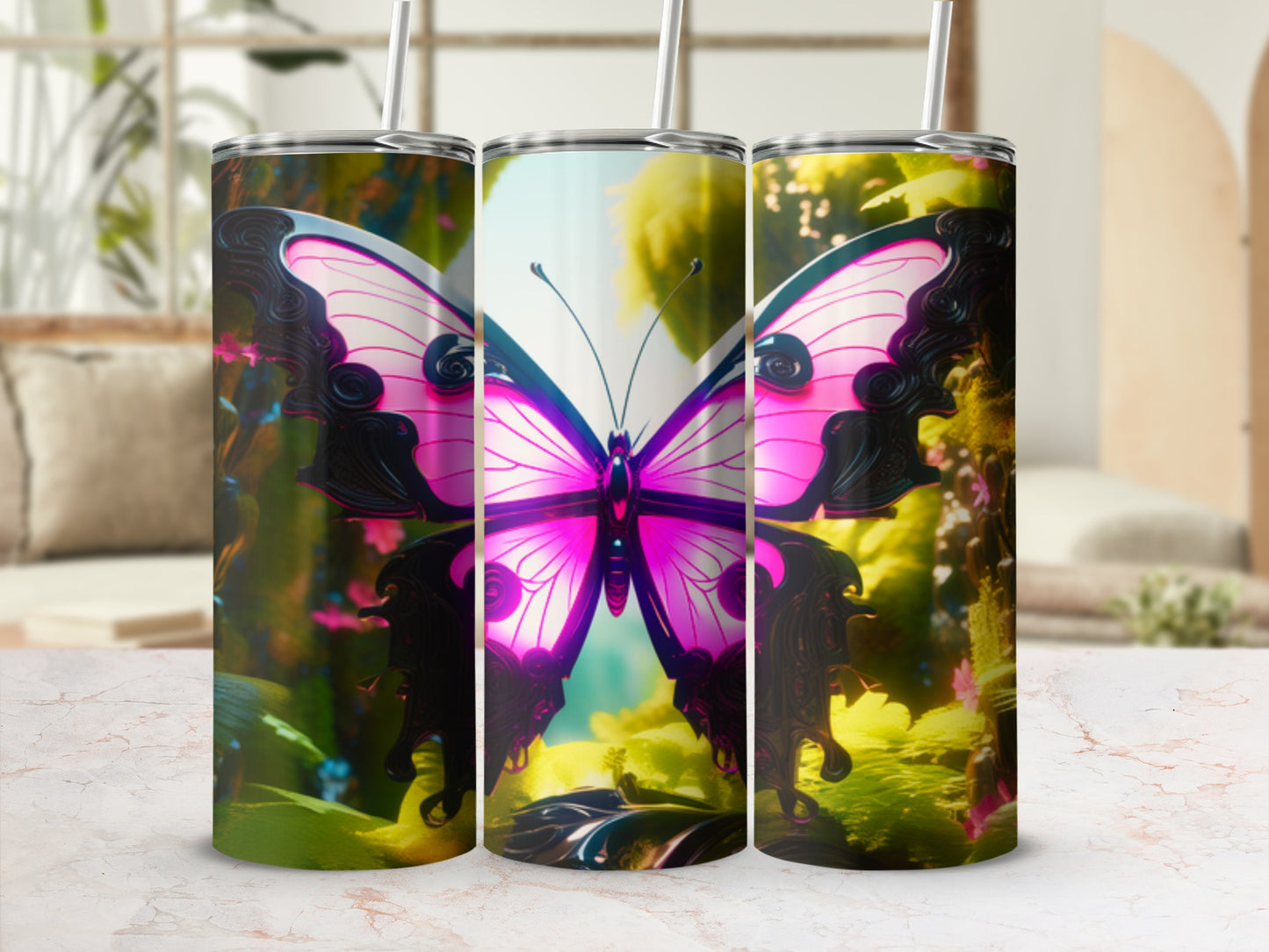 Pink butterfly design on three tumblers with blurred floral background.