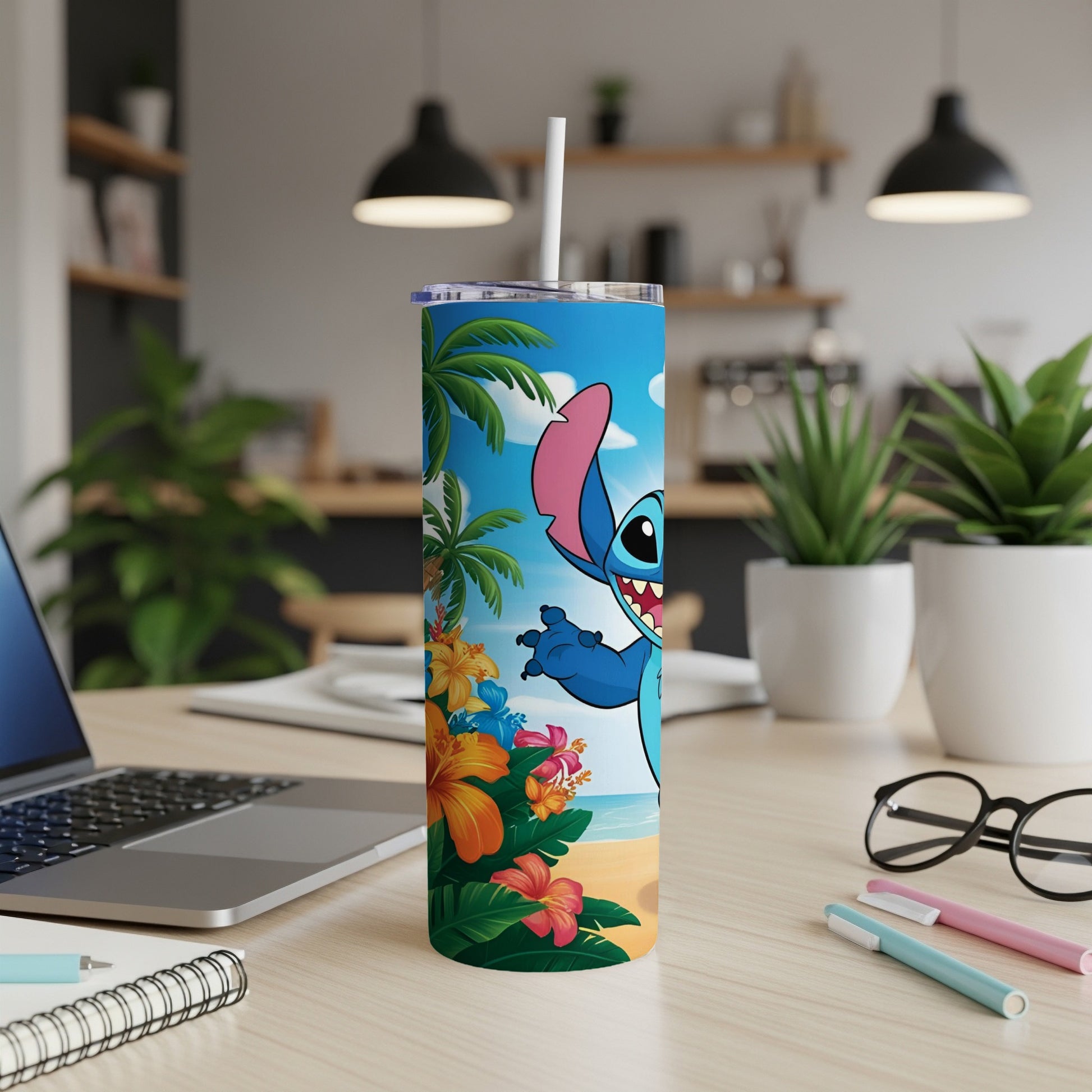 Lilo & Stitch cartoon character on a tropical beach on a stainless steel tumbler.