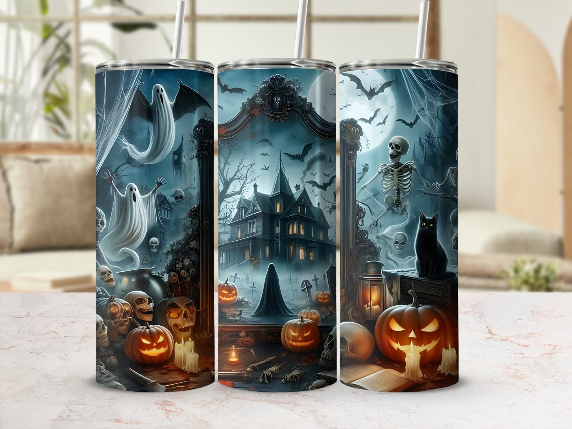 Halloween tumblers with ghosts, haunted house, bats, pumpkins, and skeletons.
